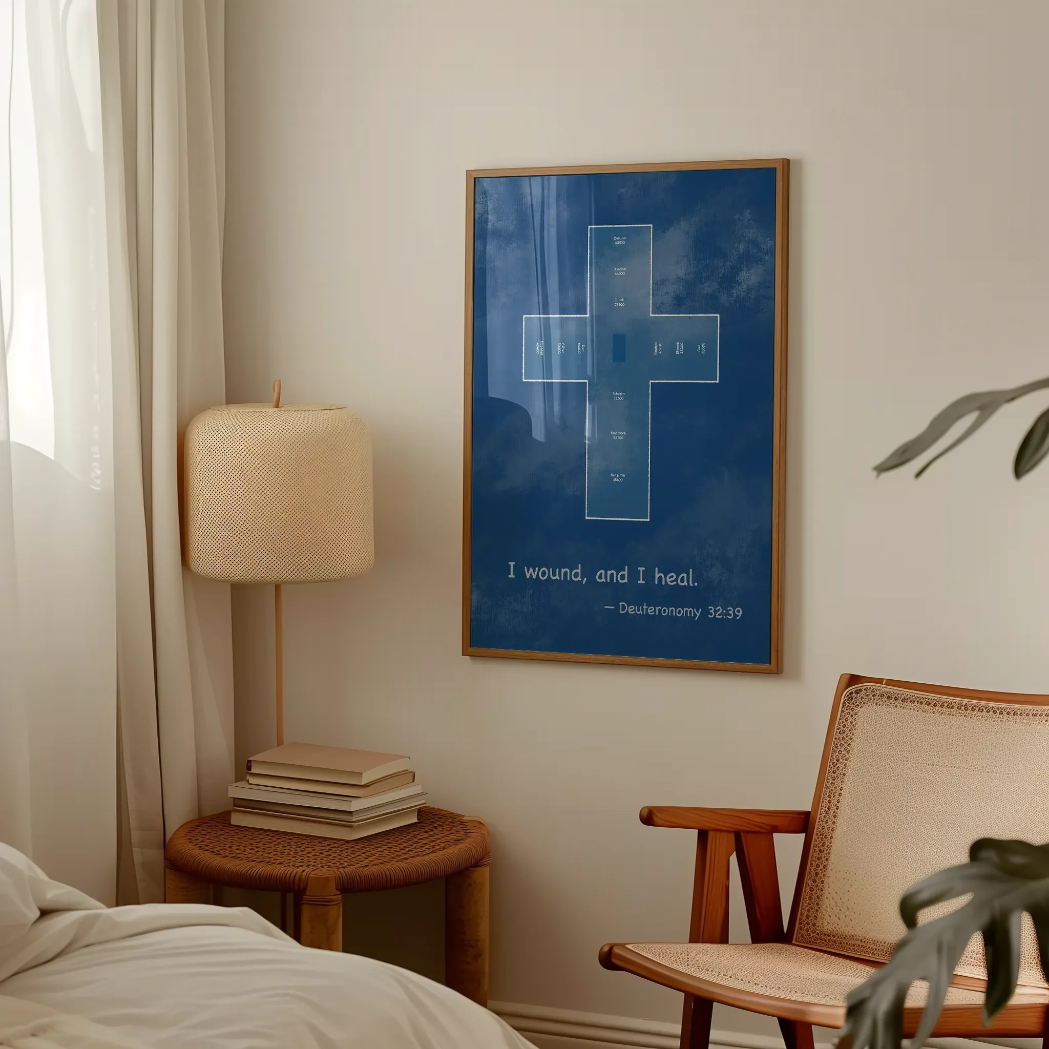 Displayed in a lived-in bedroom setting with wooden furniture and a table lamp.