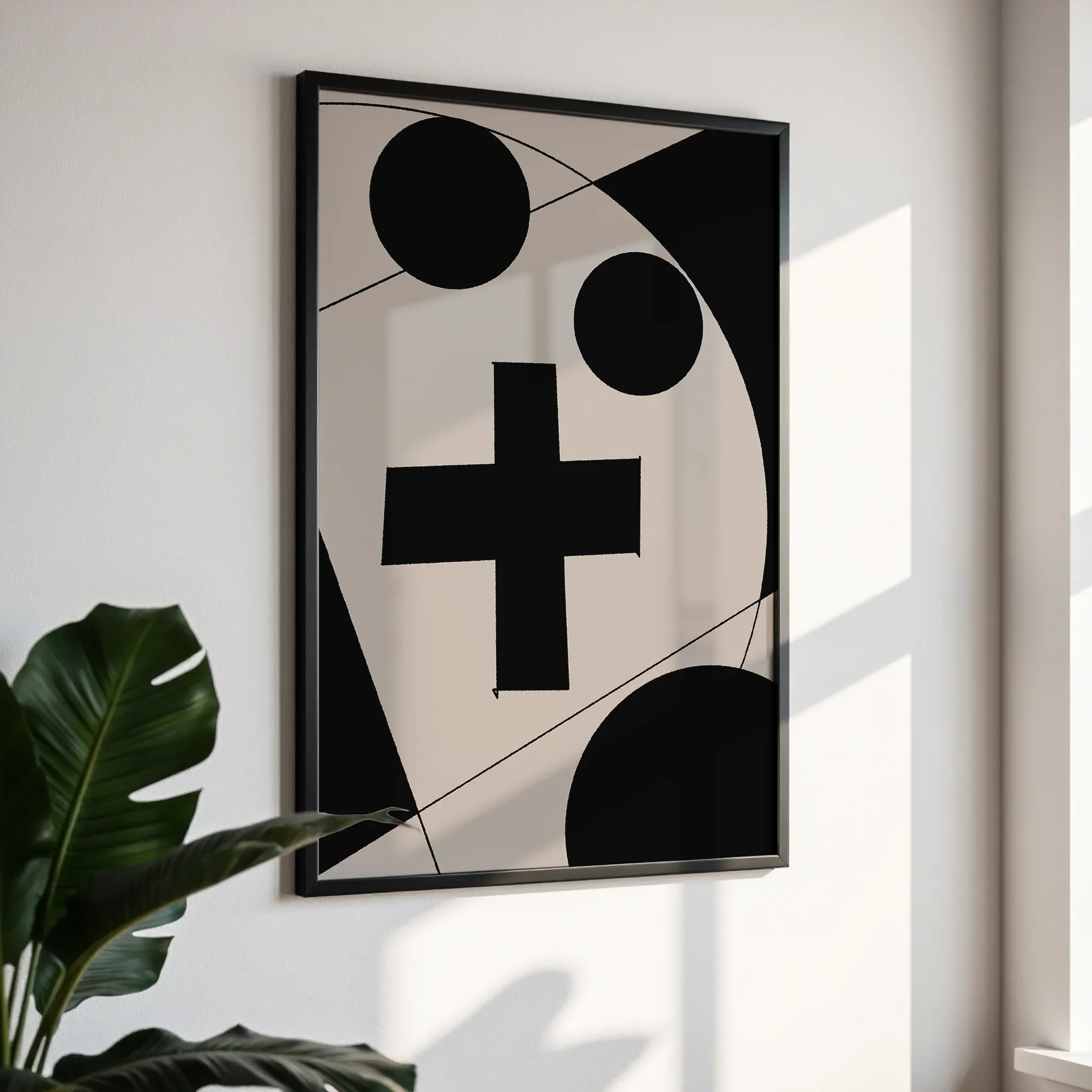Framed wall art in a simple black frame, photographed from an angled view against a white wall with direct sunlight.