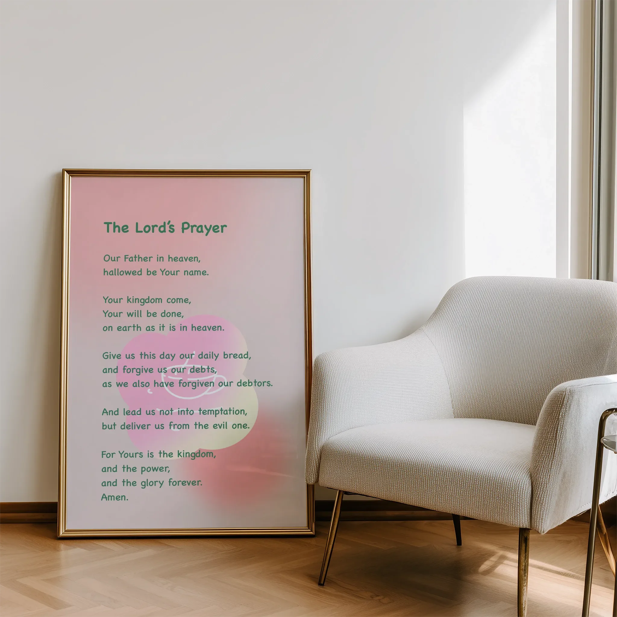 Displayed in a living room beside a sofa, with natural light.