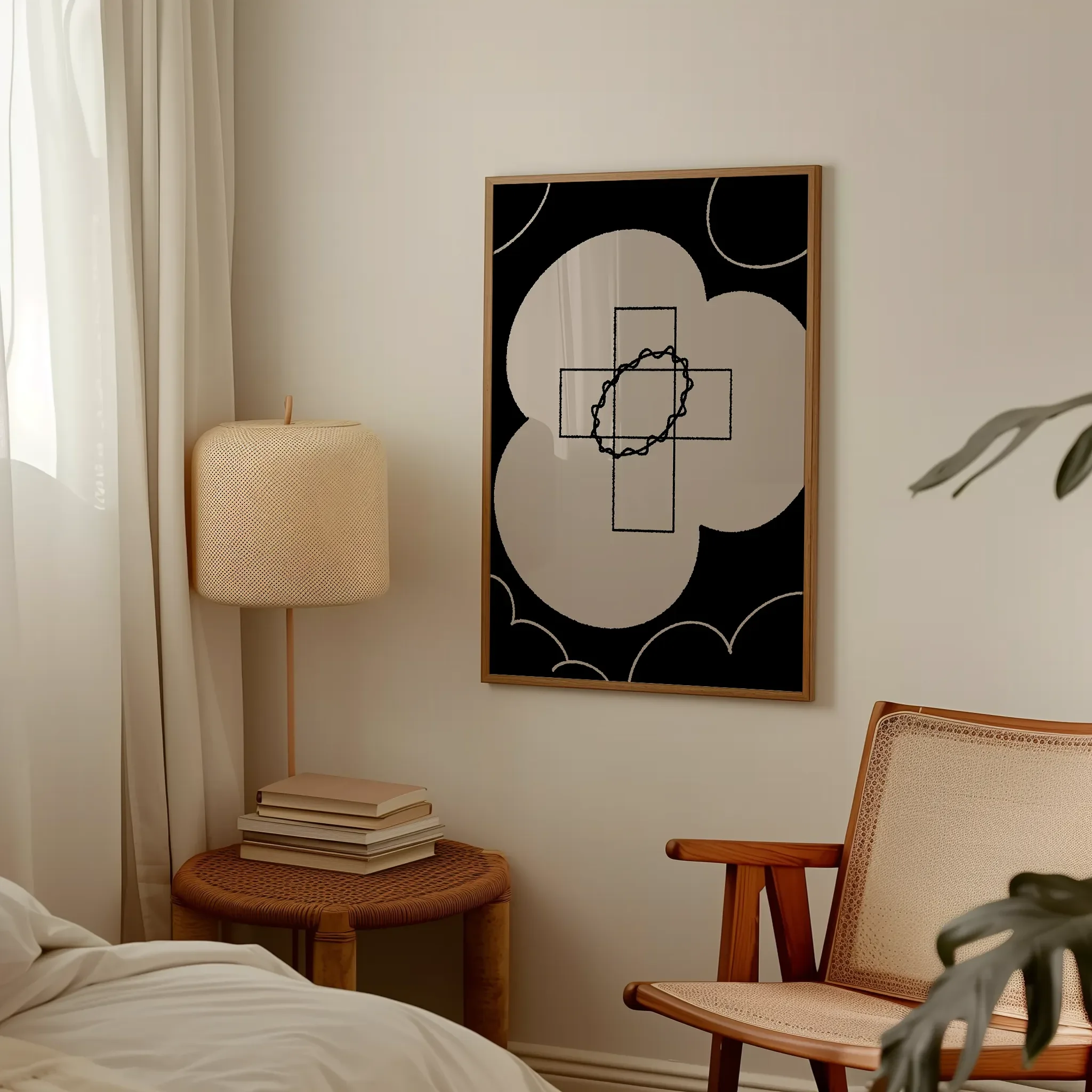 Displayed in a lived-in bedroom setting with wooden furniture and a table lamp.