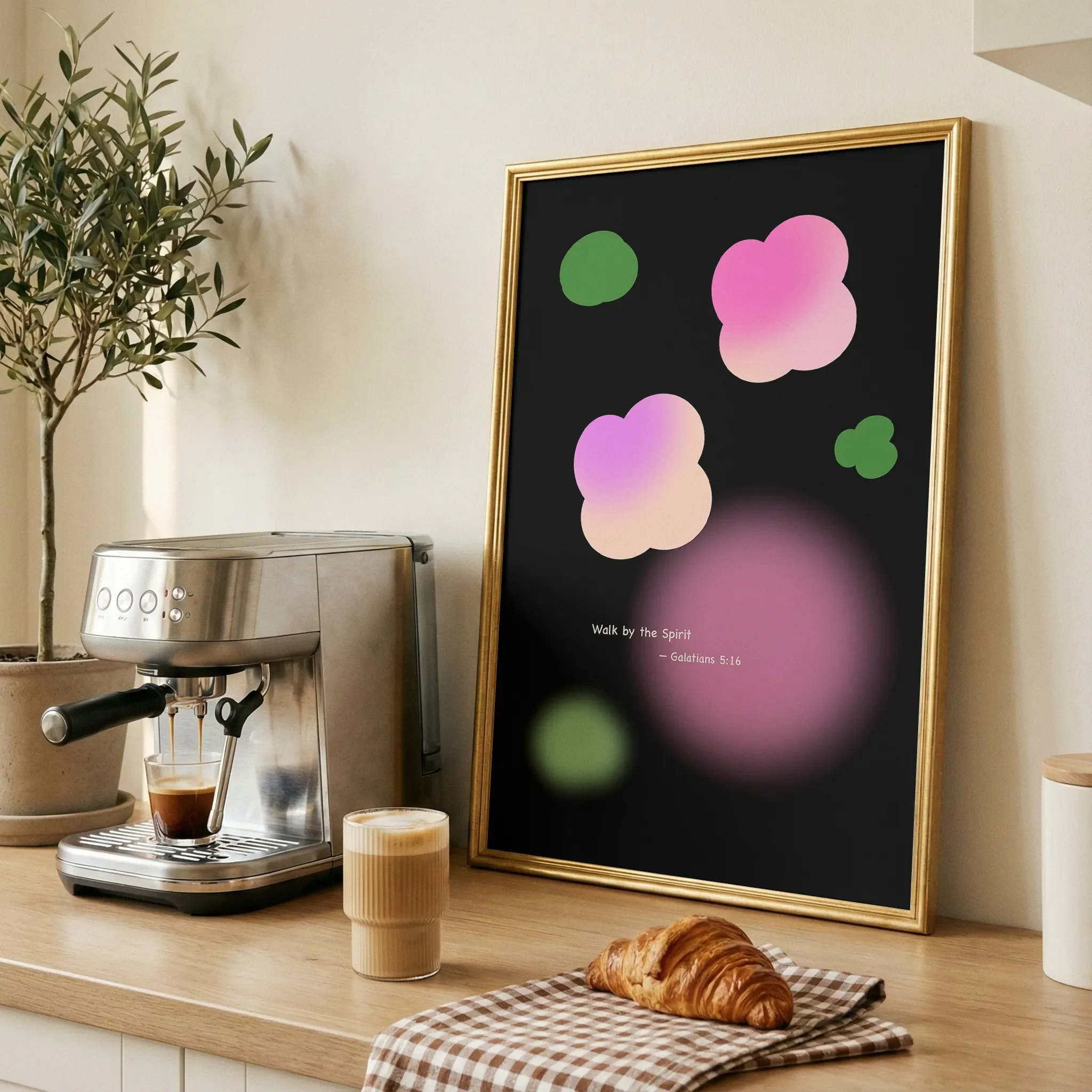 Displayed on a wooden table in a dining room with fresh bread and coffee, bathed in natural light.