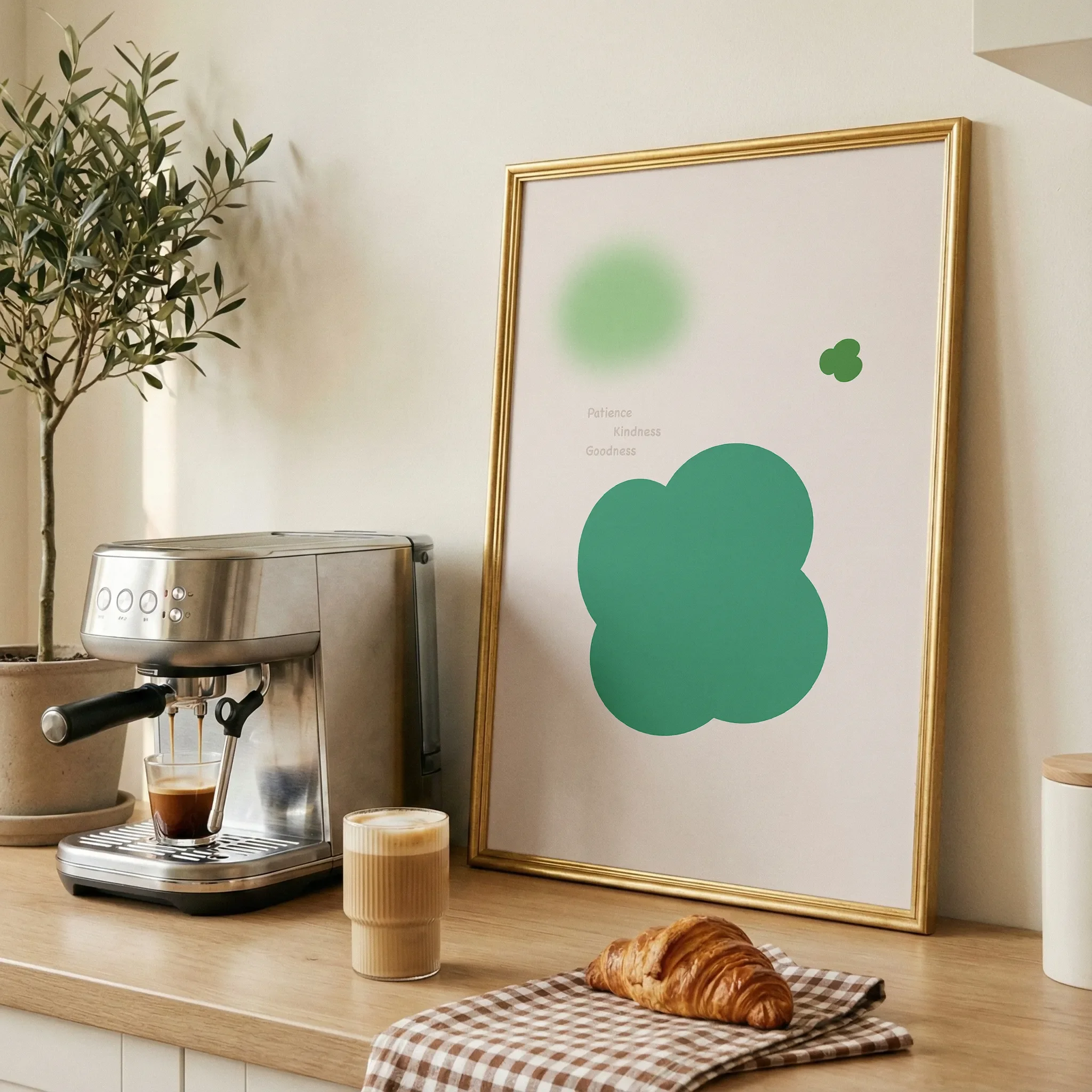 Displayed on a wooden table in a dining room with fresh bread and coffee, bathed in natural light.