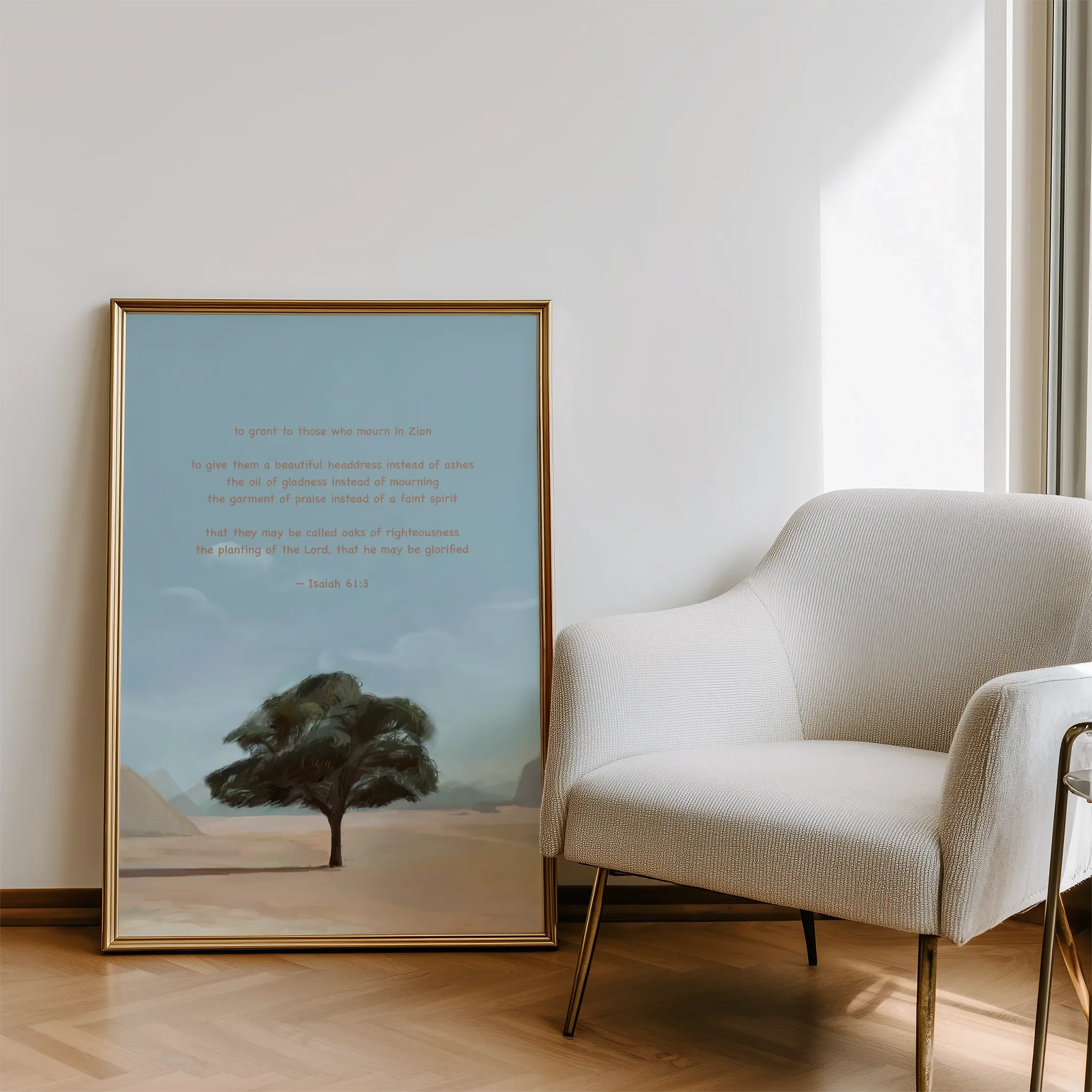 Displayed in a modern living room with natural light and a sofa.