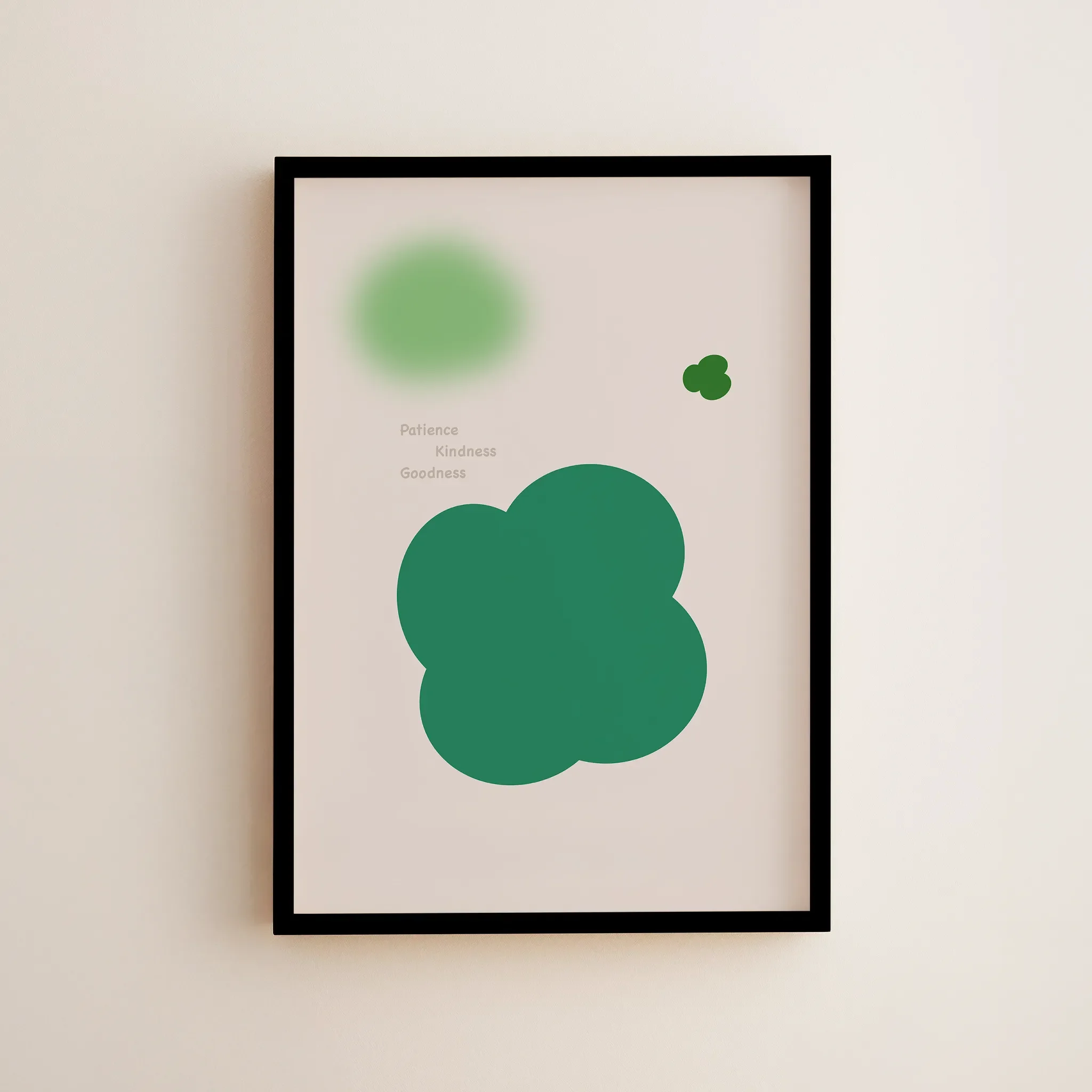 Christian wall art featuring Kindness, Fruit of the Spirit, Framed in a small frame and hung on a light-colored wall.