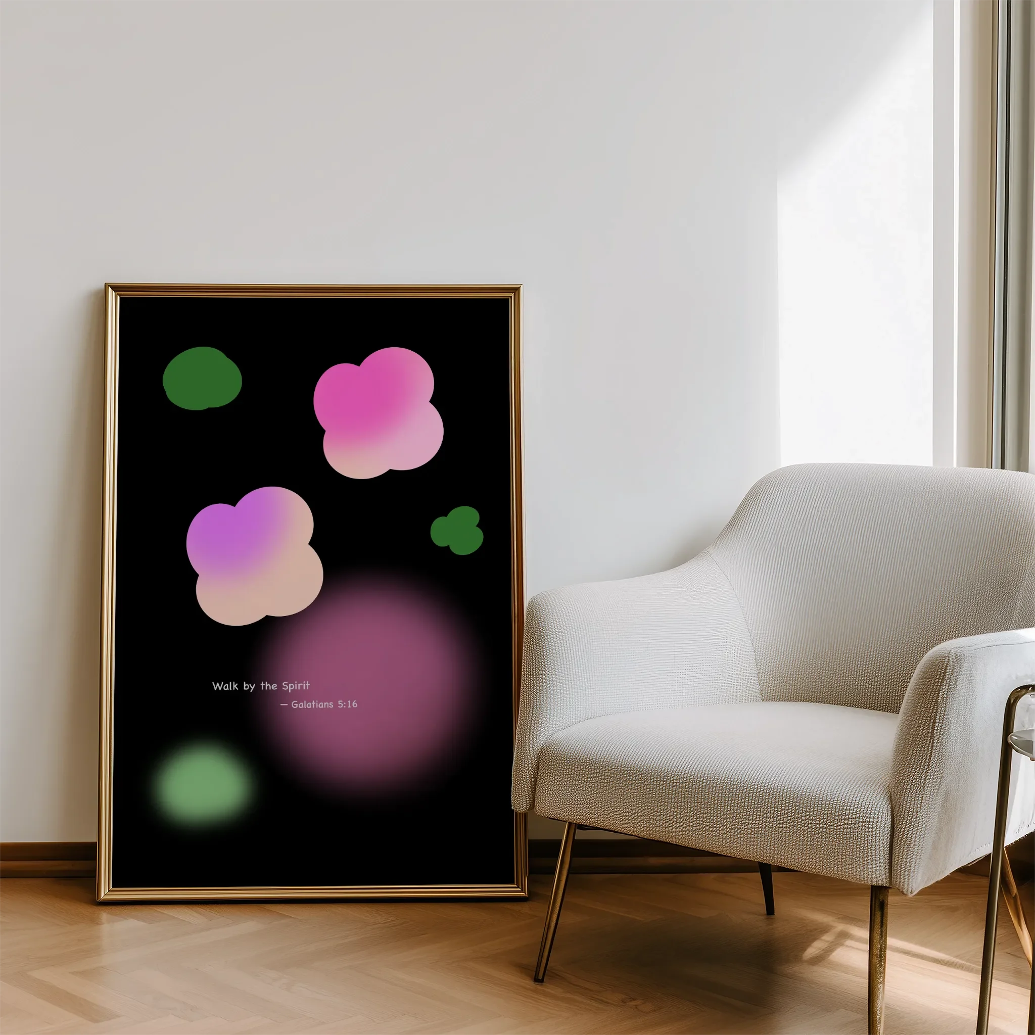 Displayed in a living room beside a sofa, with natural light.