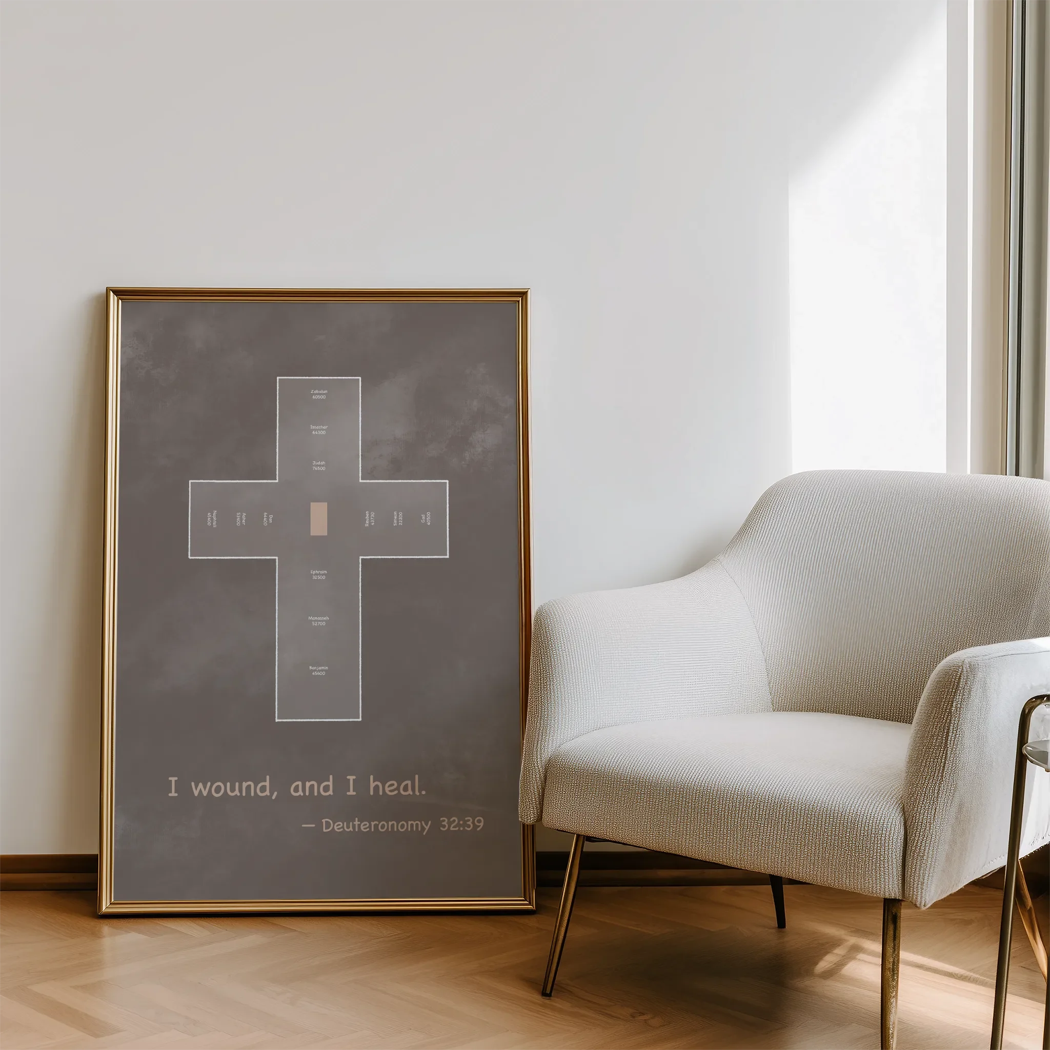 Displayed in a modern living room with natural light and a sofa.