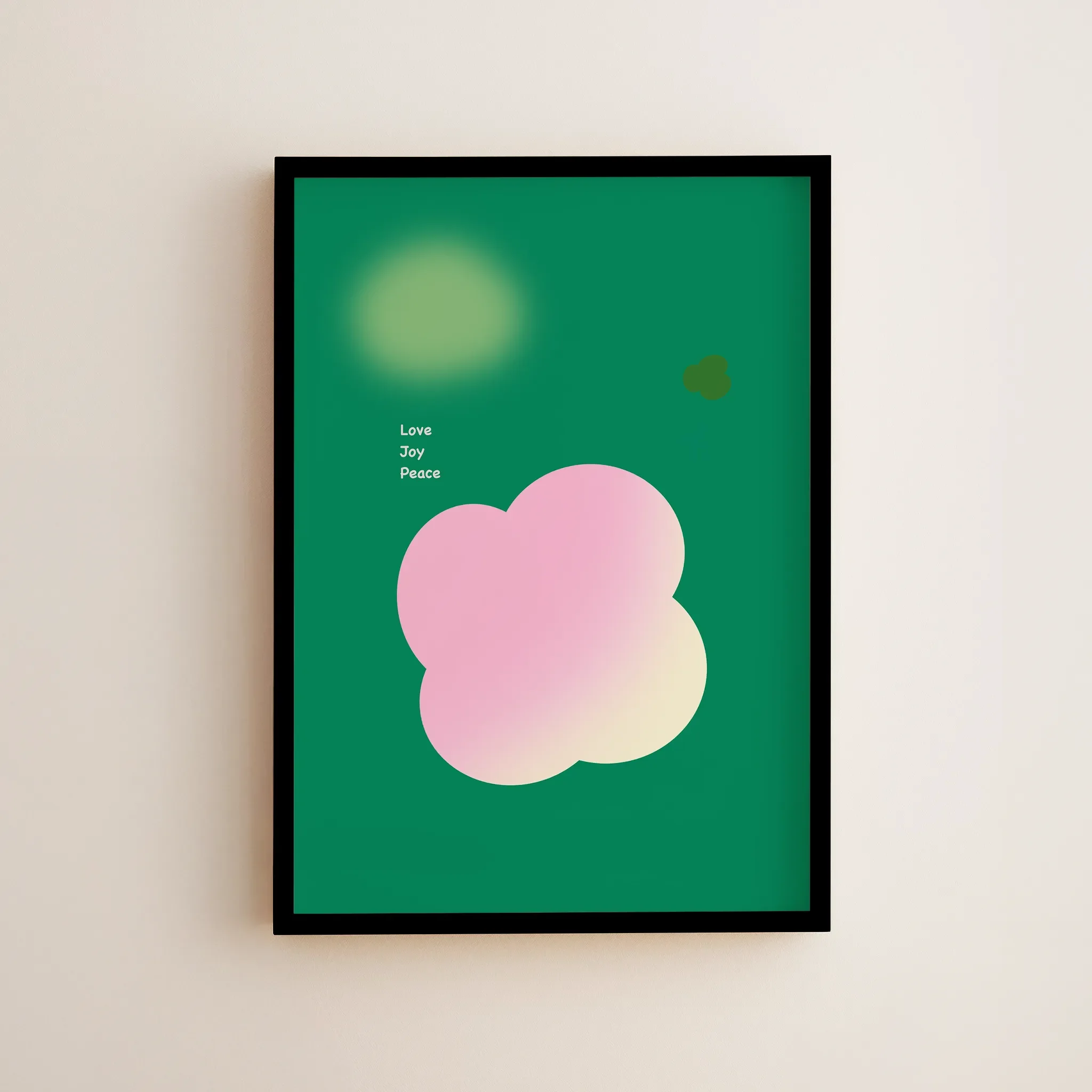 Christian wall art featuring Peace Fruit of the Spirit,  Framed in a small frame and hung on a light-colored wall.