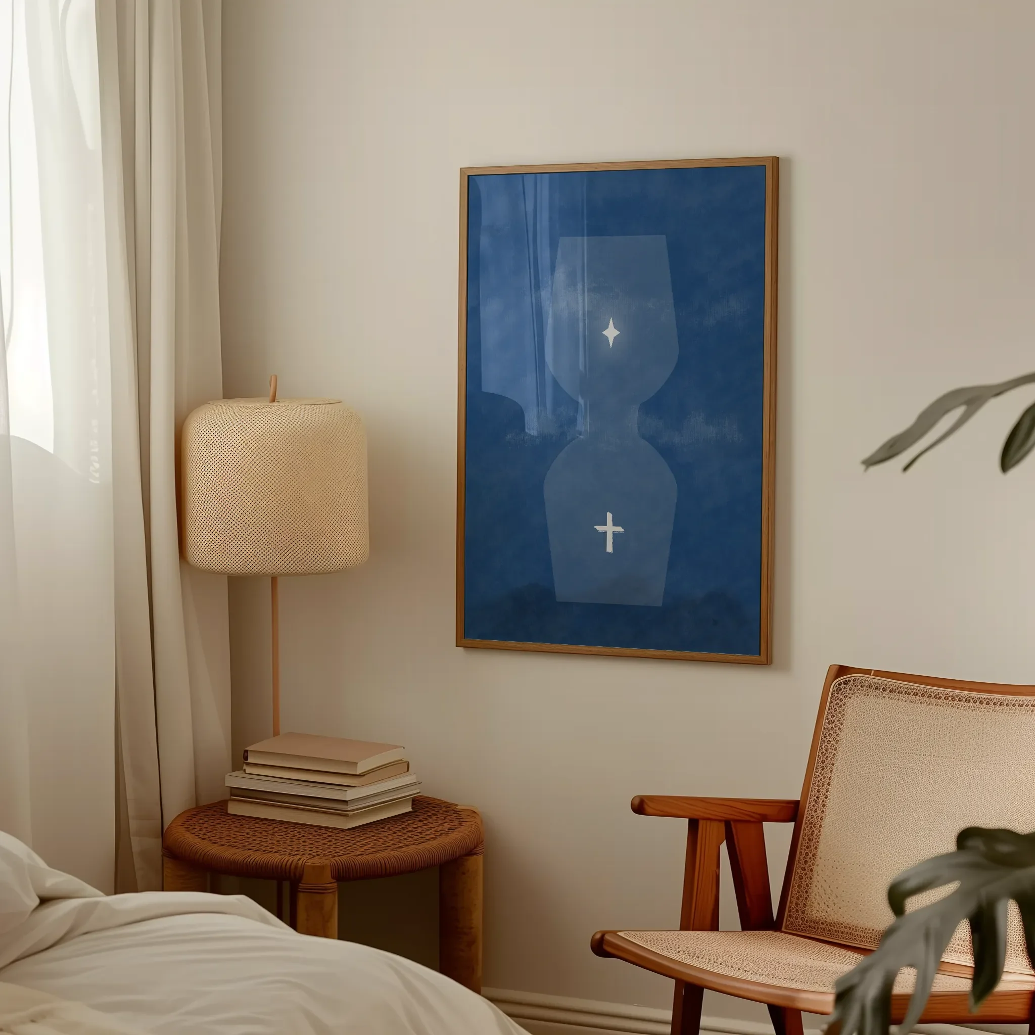 Displayed in a lived-in bedroom setting with wooden furniture and a table lamp.