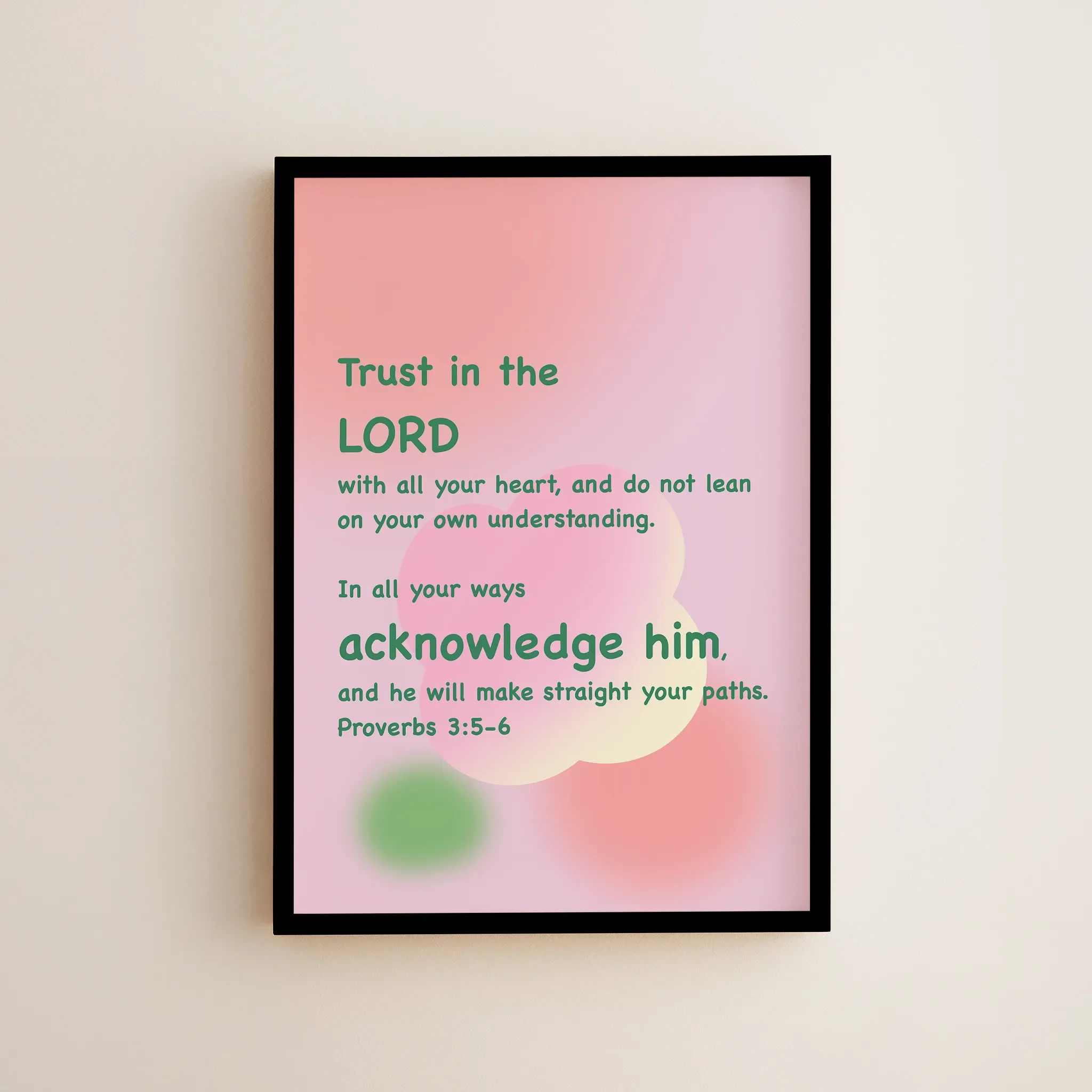 Framed in a small frame and hung on a light-colored wall.