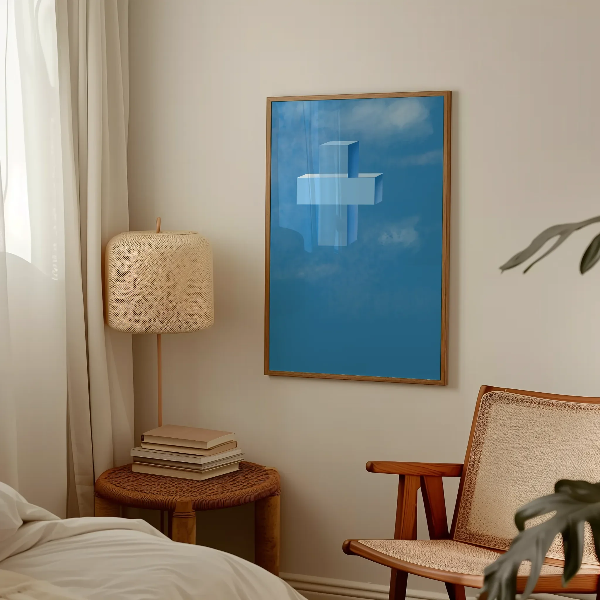 Displayed in a lived-in bedroom setting with wooden furniture and a table lamp.