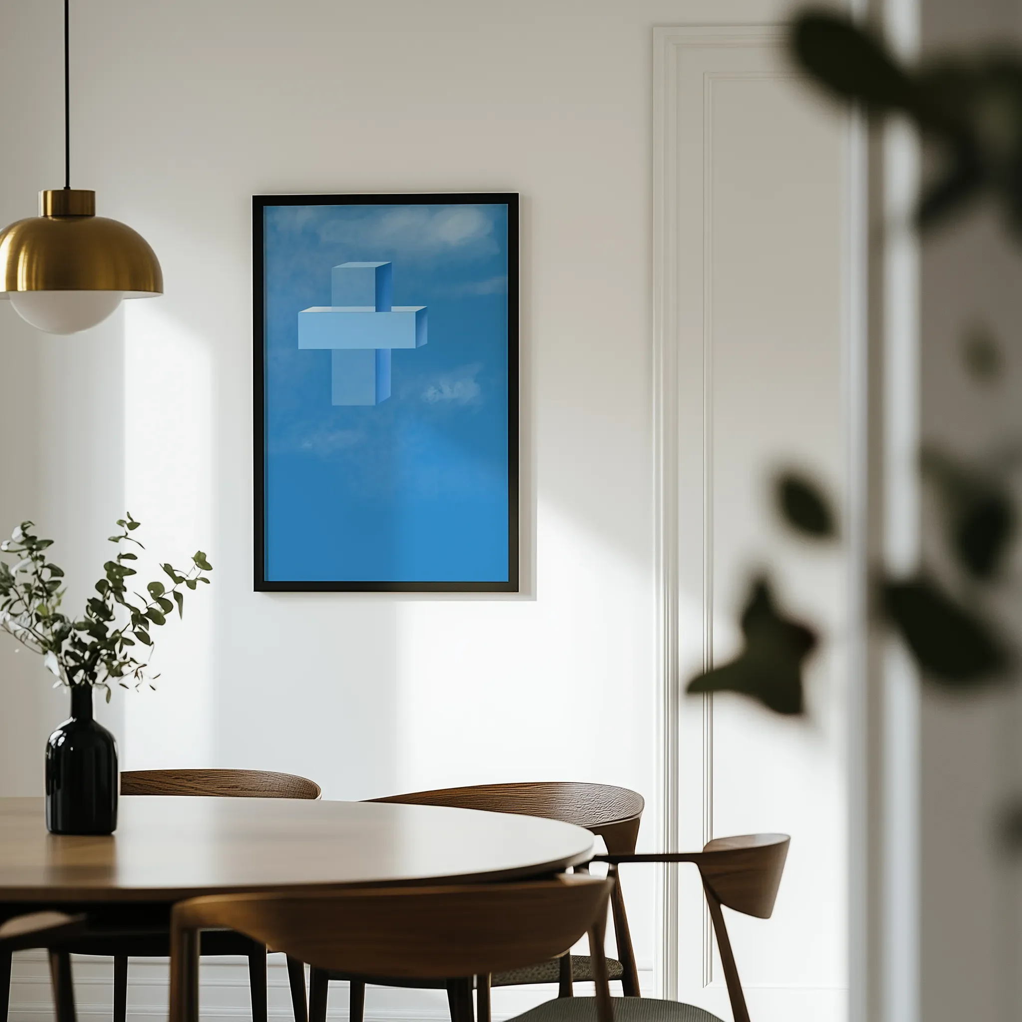 Displayed in a light dining room with a wooden round table and chairs.