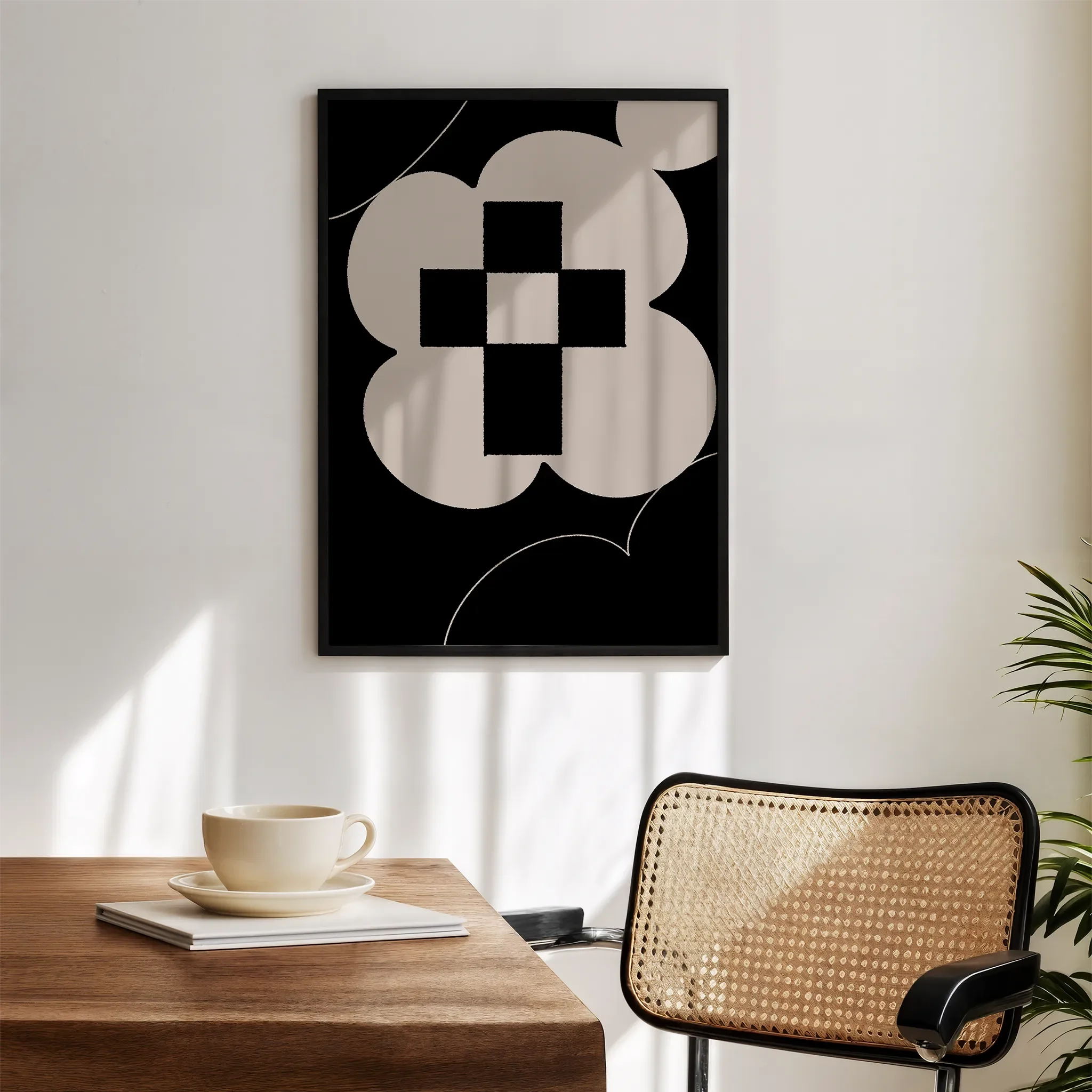 Displayed in a modern living room with a white wall and wooden furniture.