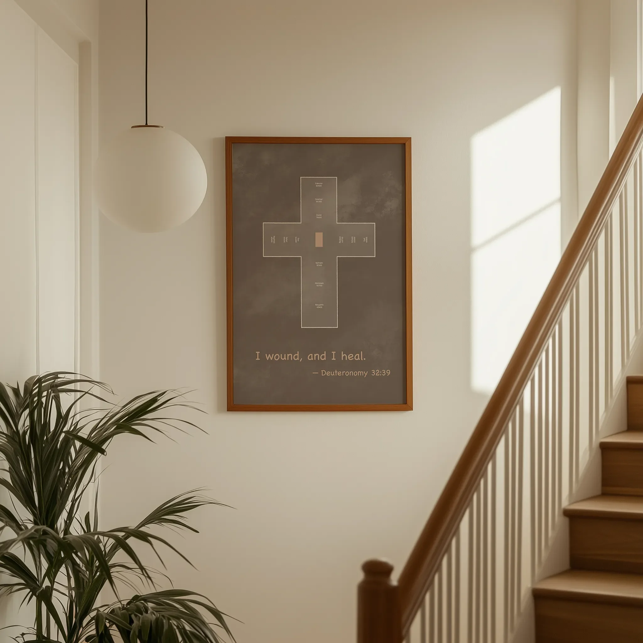 Displayed on a hallway wall near a staircase with directional natural light.