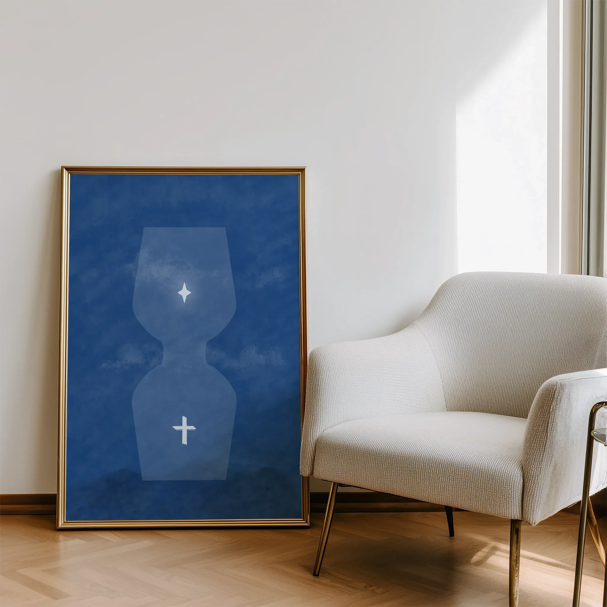 Displayed in a modern living room with natural light and a sofa.