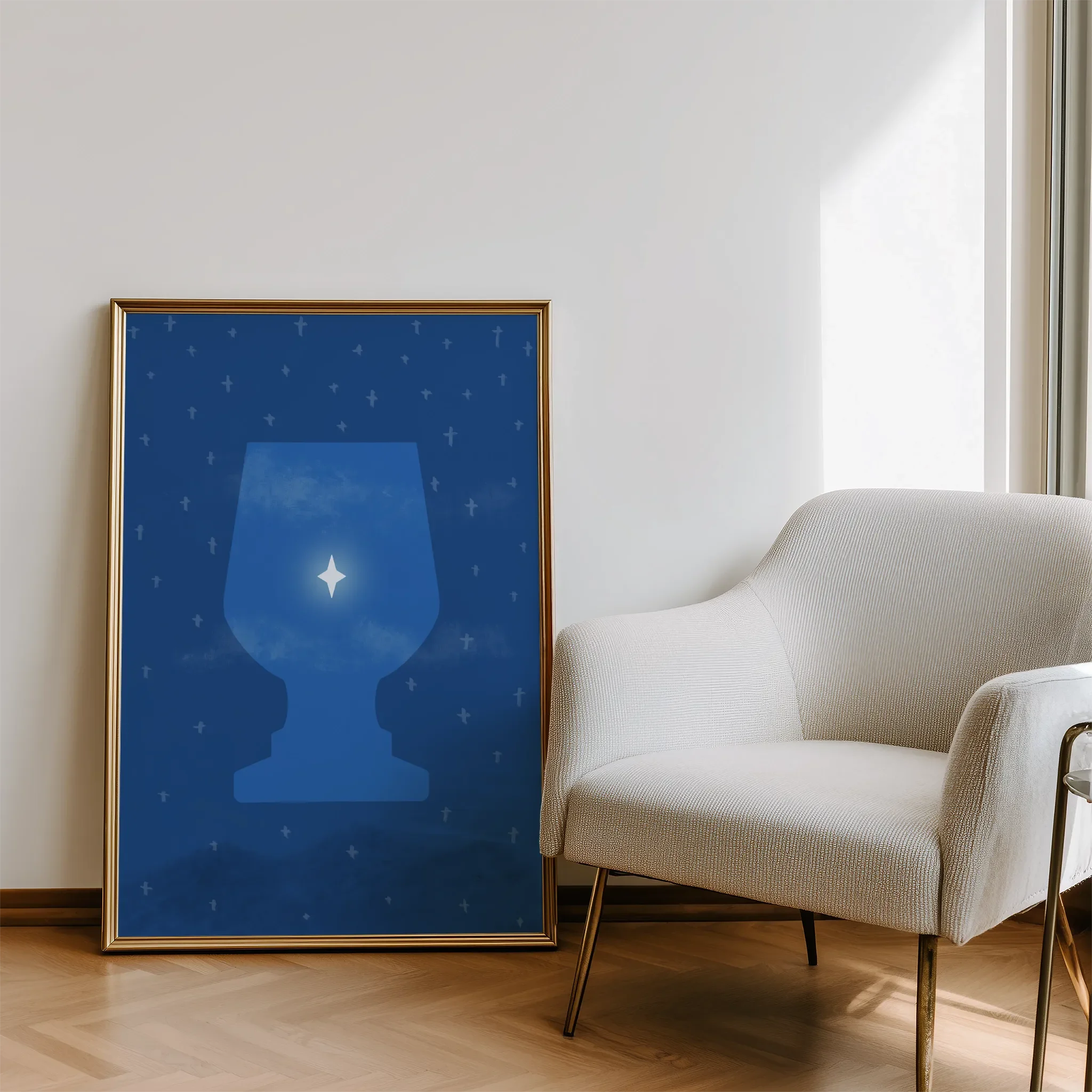 Displayed in a modern living room with natural light and a sofa.