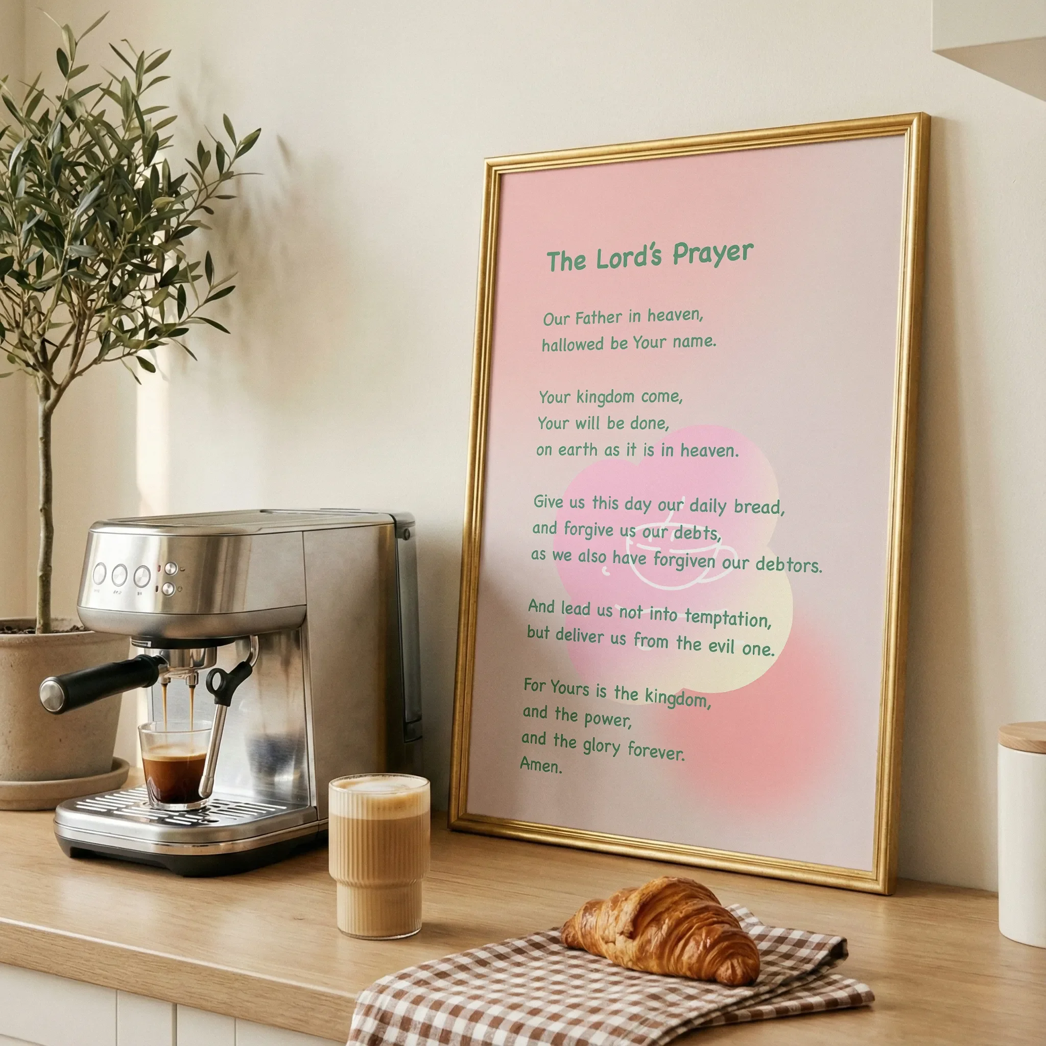 Displayed on a wooden table in a dining room with fresh bread and coffee, bathed in natural light.