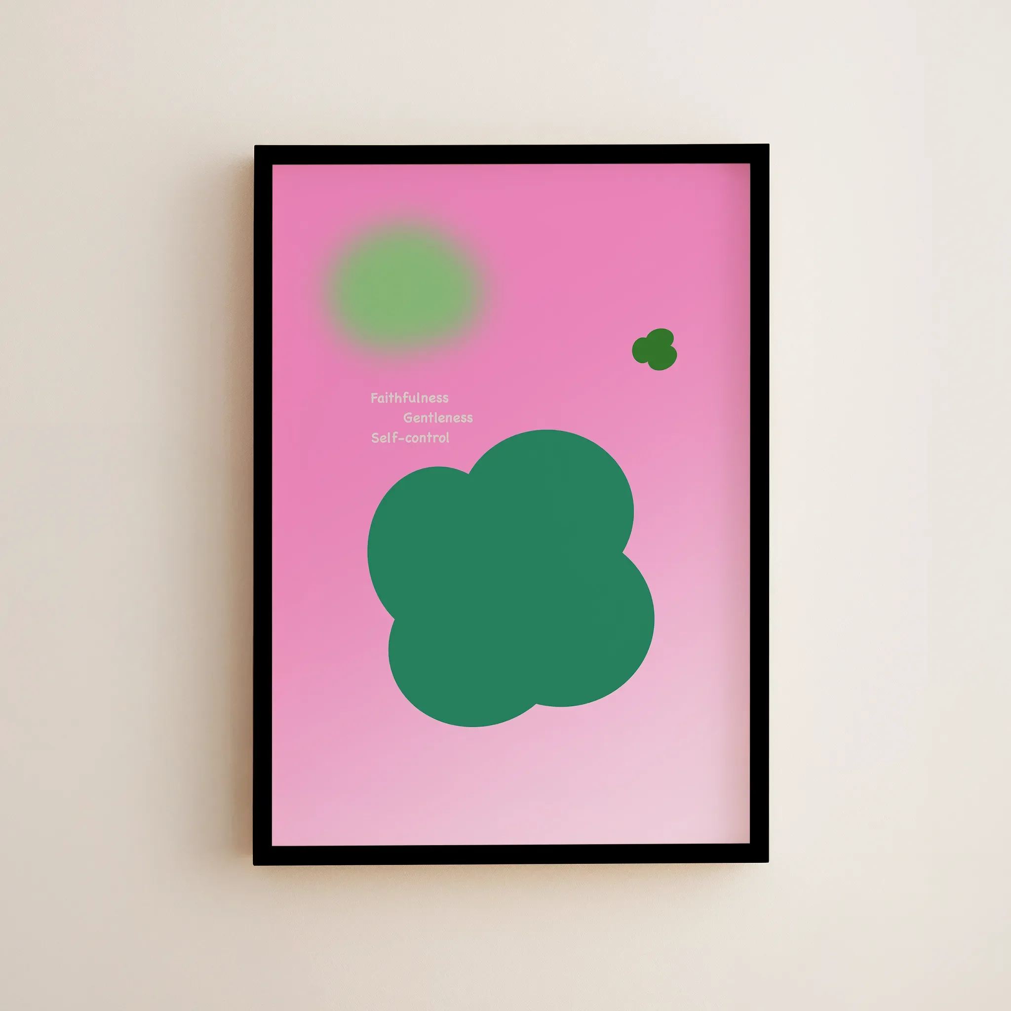 Christian wall art featuring Gentleness, Fruit of the Spirit, Framed in a small frame and hung on a light-colored wall.