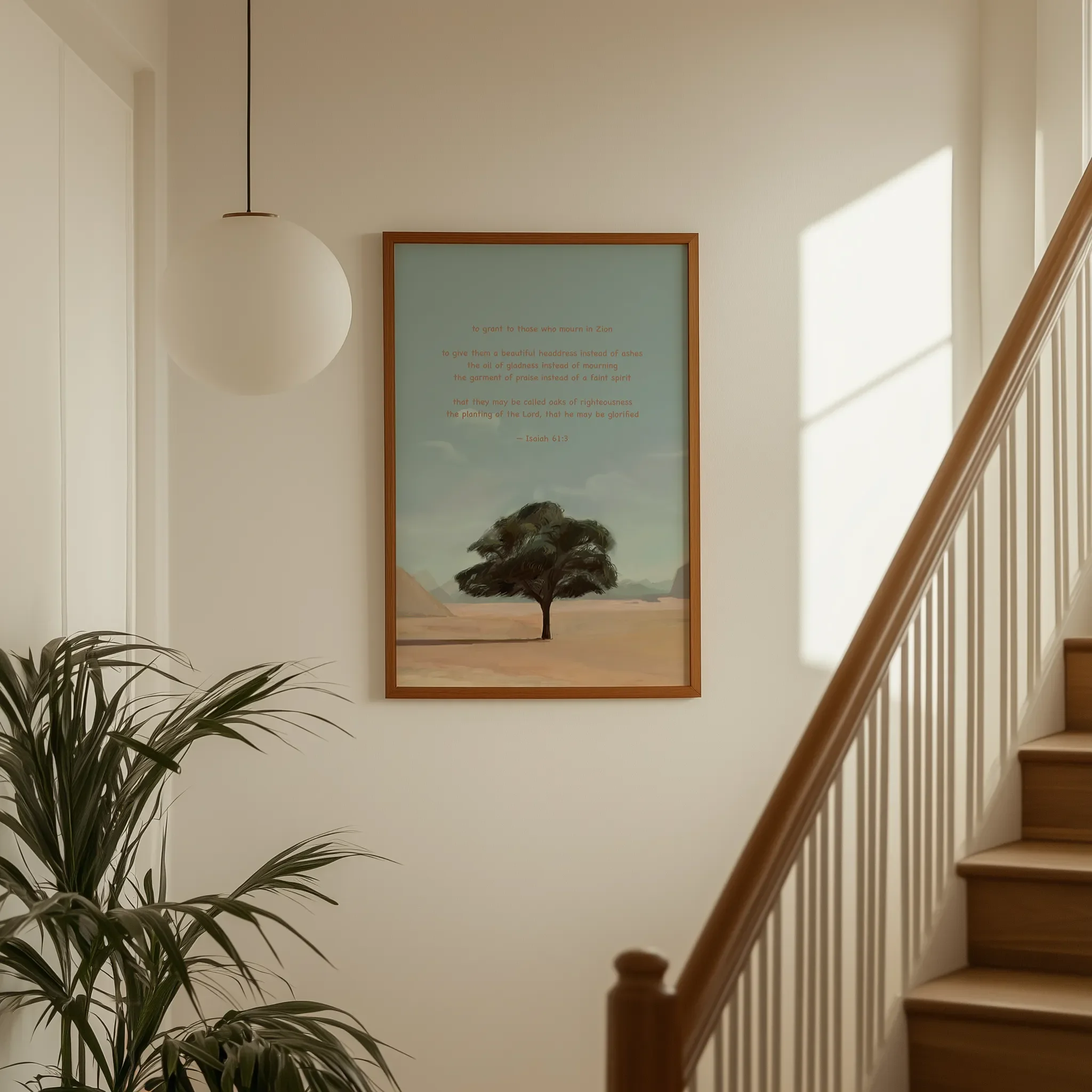 Displayed on a hallway wall near a staircase with directional natural light.