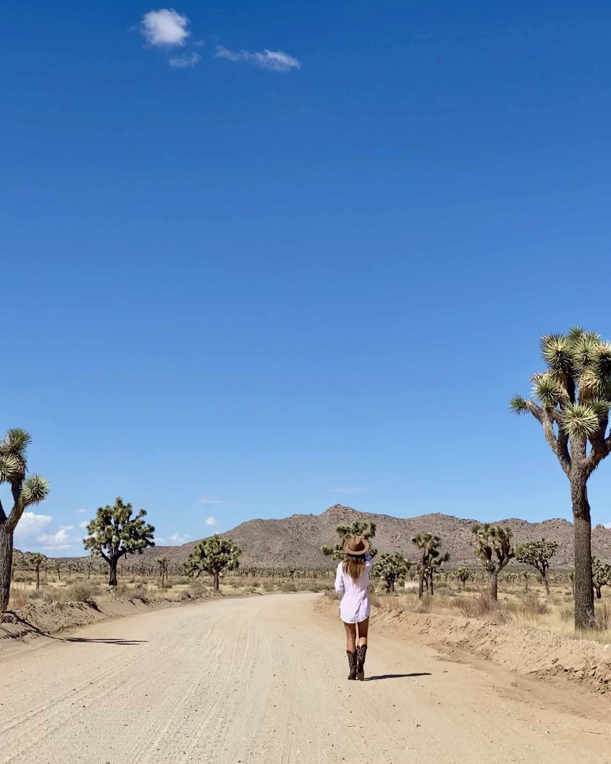 A woman walking on a dirt road through a desert landscape