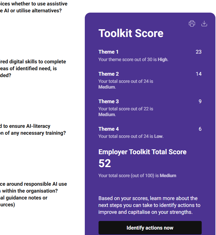 The AI-empowered employer toolkit for disability inclusive AI, showing the score achieved under each of four themes and the total score including the button to access feedback. 
