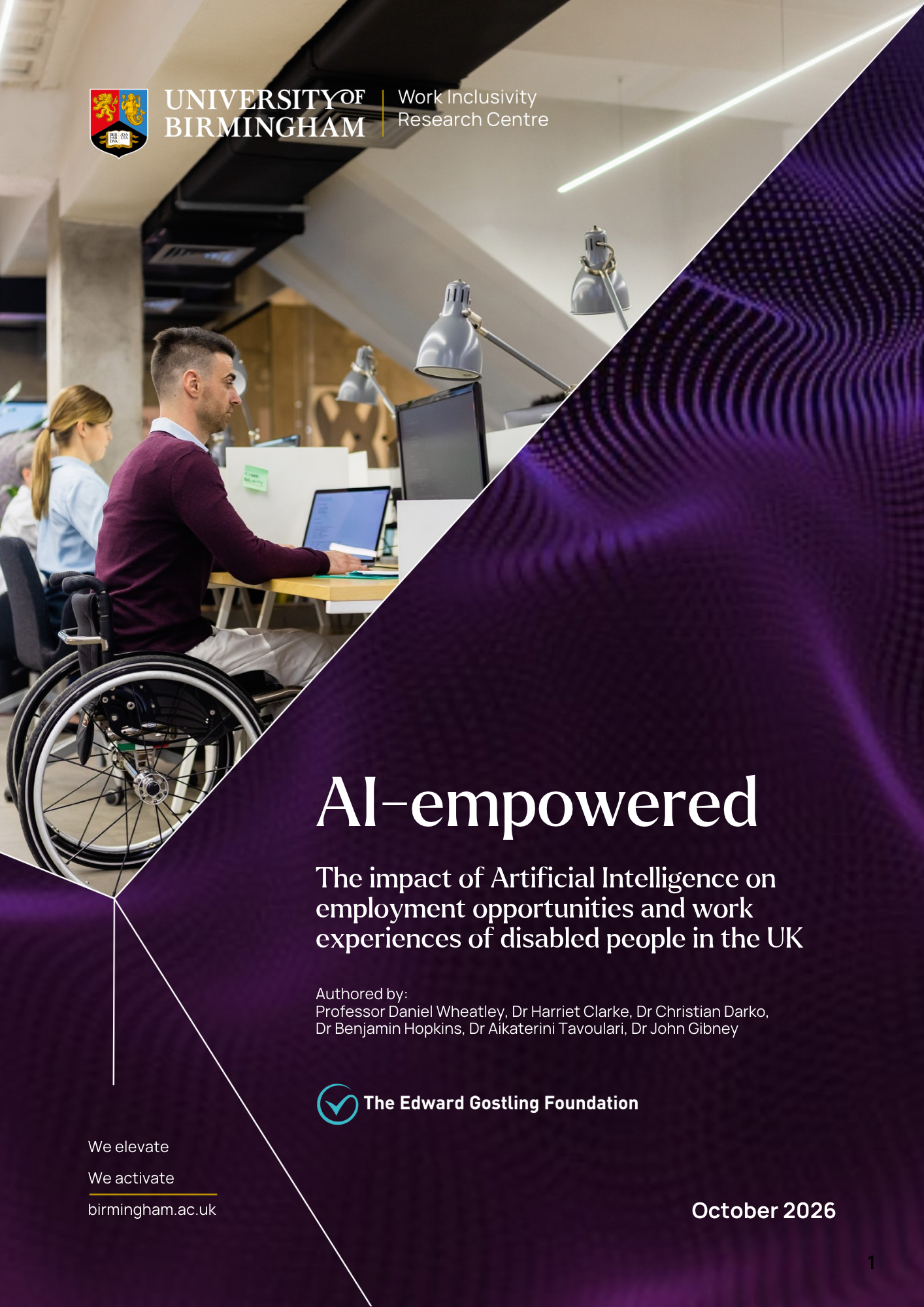 The AI-empowered project report cover. The cover has a purple colour palette. The title is AI-empowered: The impact of artificial intelligence on employment opportunities and work experiences of disabled people in the UK.