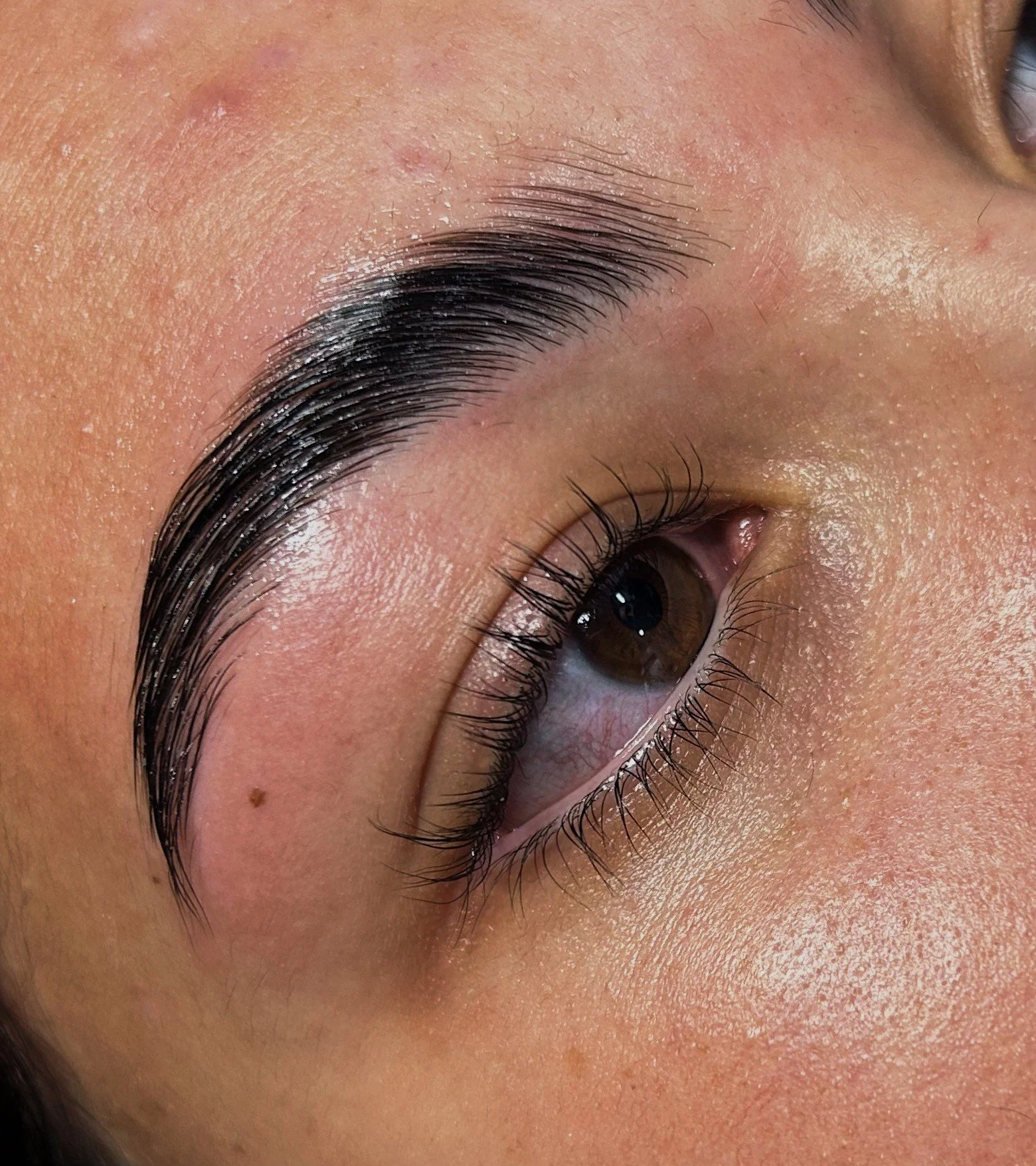 Close-up of a person's eye with neatly groomed eyebrows and long eyelashes, featuring brown iris and smooth skin.