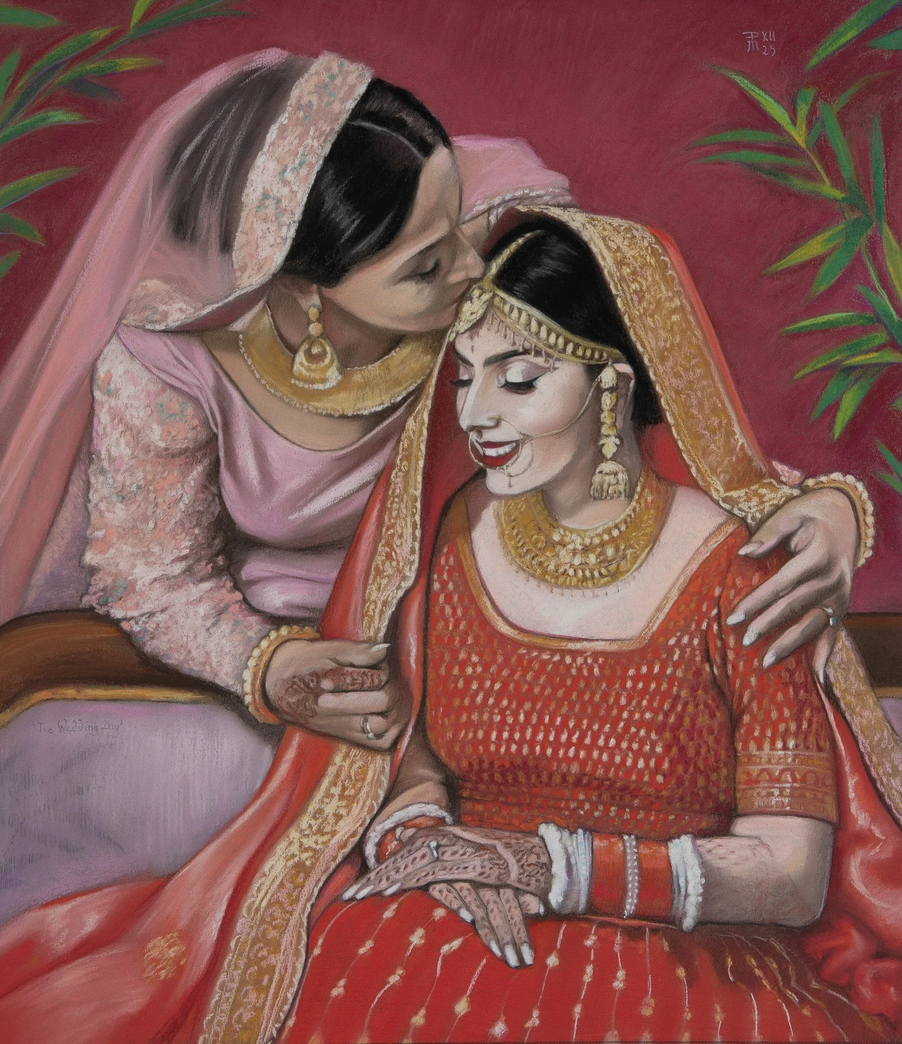 A painting of a woman in traditional Indian bridal attire seated and smiling while another woman, dressed in elegant clothing and jewelry, leans in to kiss her on the forehead.