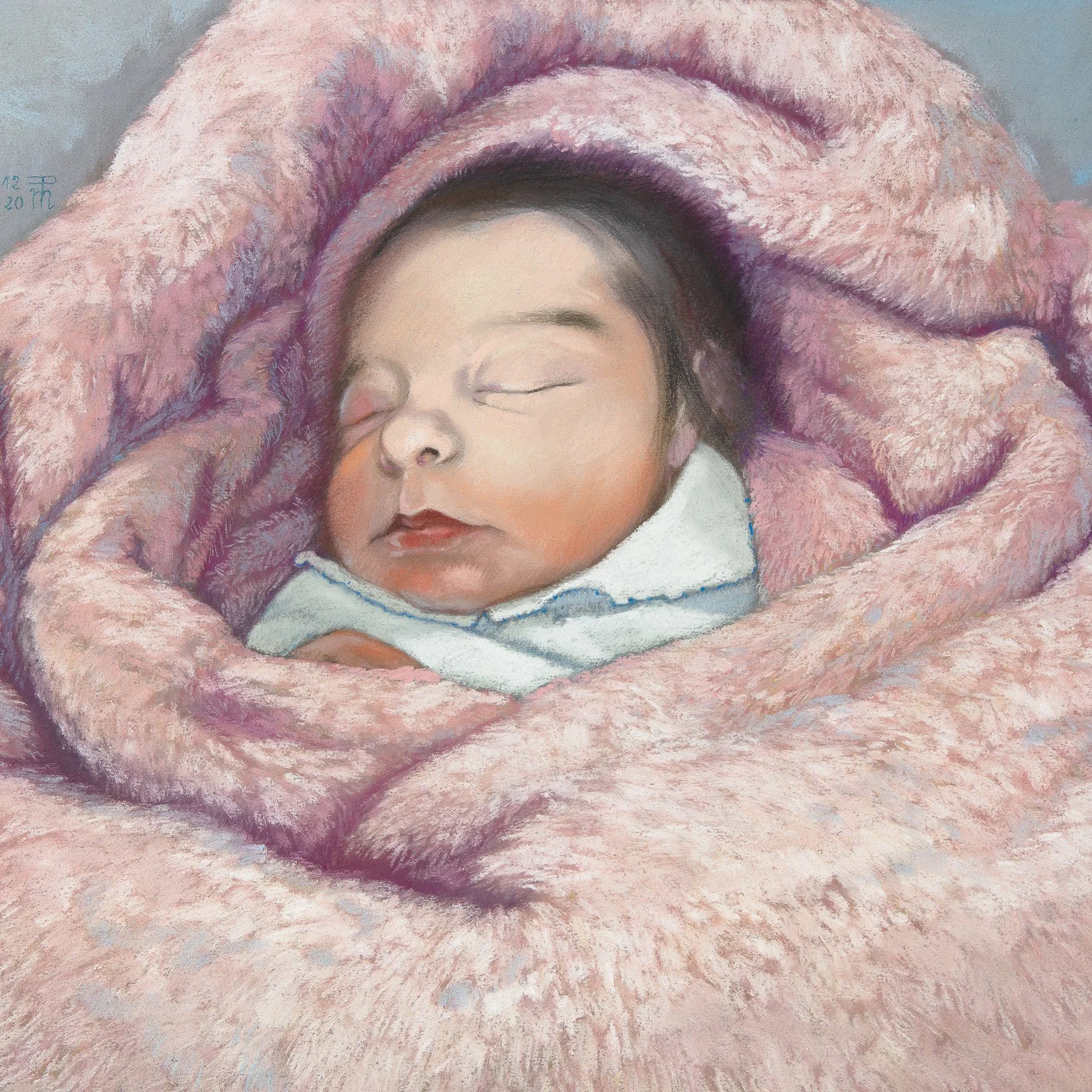 A realistic painting of a sleeping baby wrapped in a fluffy pink blanket.