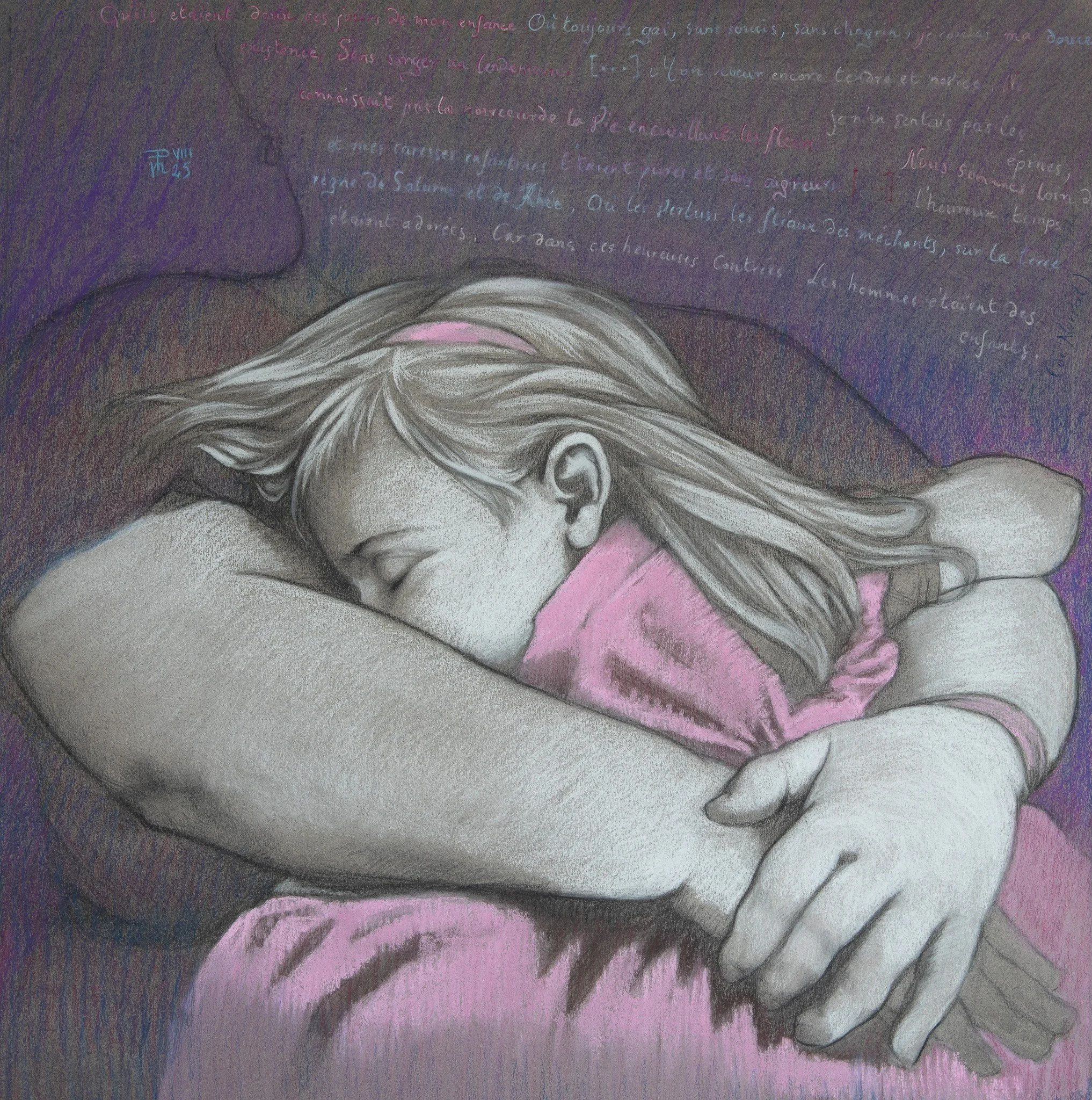 A detailed colored pencil drawing of a young girl with long hair, sleeping with her head resting on a person's shoulder, with her arms wrapped around them. The girl is wearing a pink shirt, and the background has handwritten text in French.