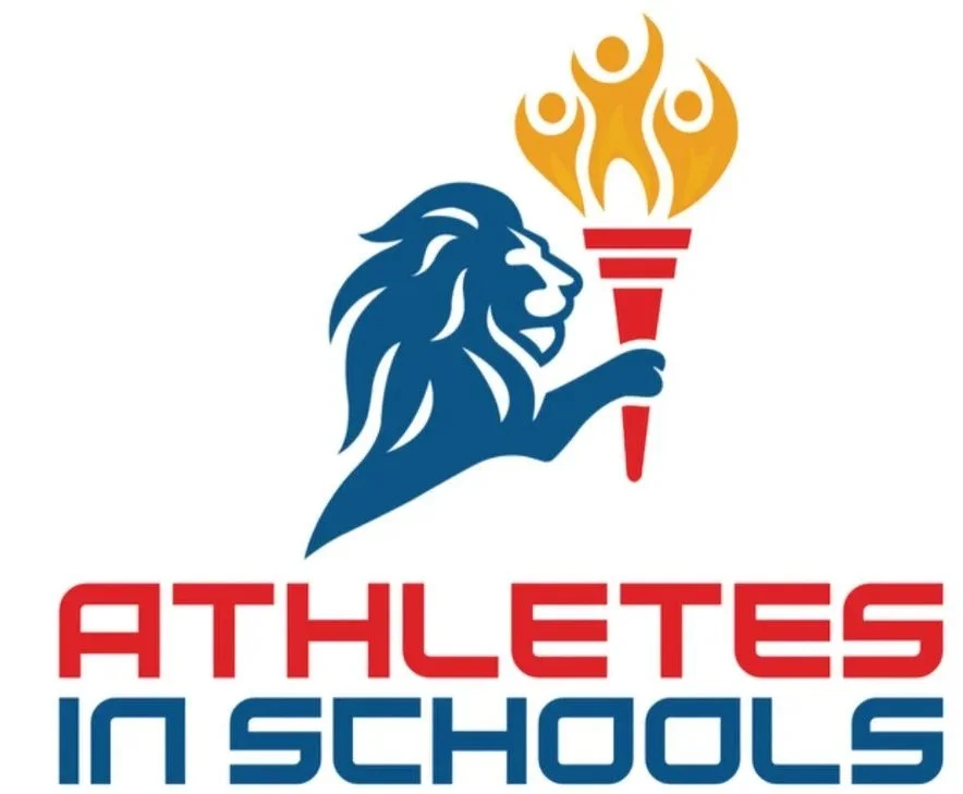 A logo featuring a blue lion holding a torch with a flame, with the words 'Athletes in Schools' in red and blue text underneath.