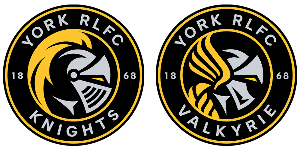Two circular logos with a black background, yellow and gray design elements, and white text. The left logo reads 'YORK RLC KNIGHTS 1868' with a knight helmet icon in gray and yellow. The right logo reads 'YORK RLC VALKYRIE 1868' with a gray and yellow valkyrie helmet icon.