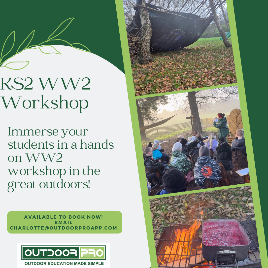 Flyer for KS2 WW2 Workshop featuring outdoor scenes: a tent in the woods, children seated outdoors listening to a speaker, and a campfire with cooking.