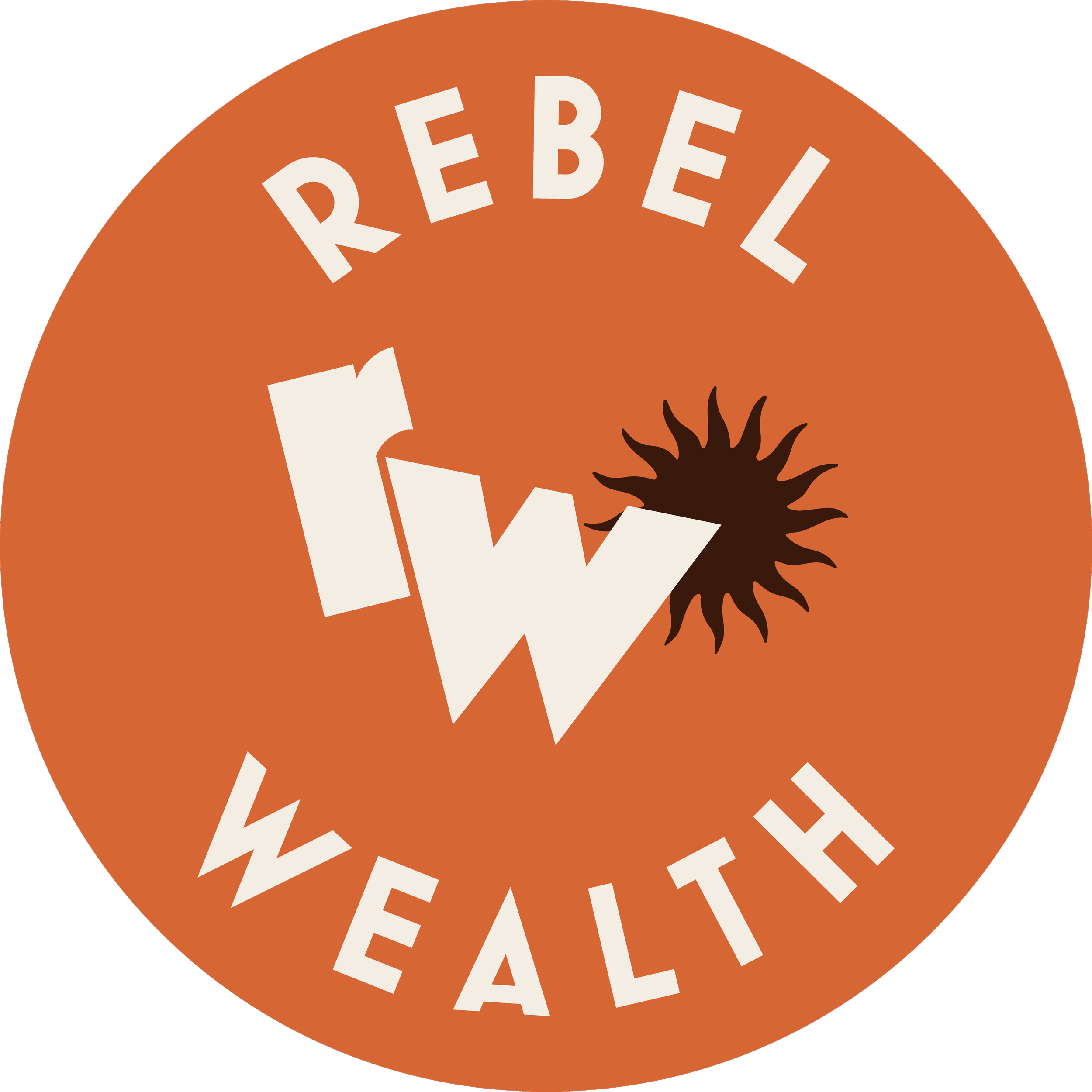 Circular logo with a burnt orange background and white text that says 'Rebel' at the top and 'Wealth' at the bottom. In the center is a stylized white 'W' with a black sunburst shape behind it.