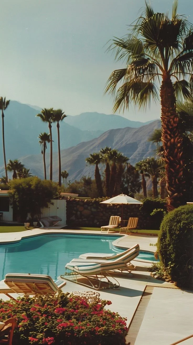 A swimming pool surrounded by lounge chairs, umbrellas, and lush greenery with palm trees and mountains in the background under a clear sky.