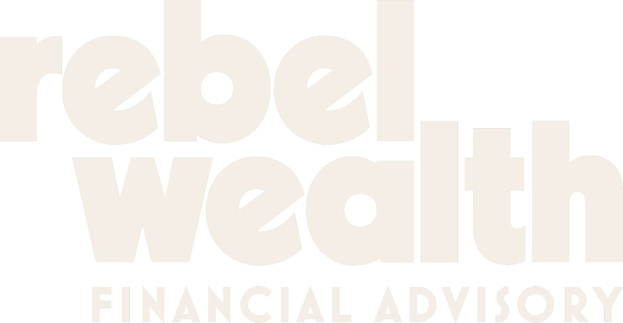 Large text displays 'rebel, wealth, financial advisory' on a black background.