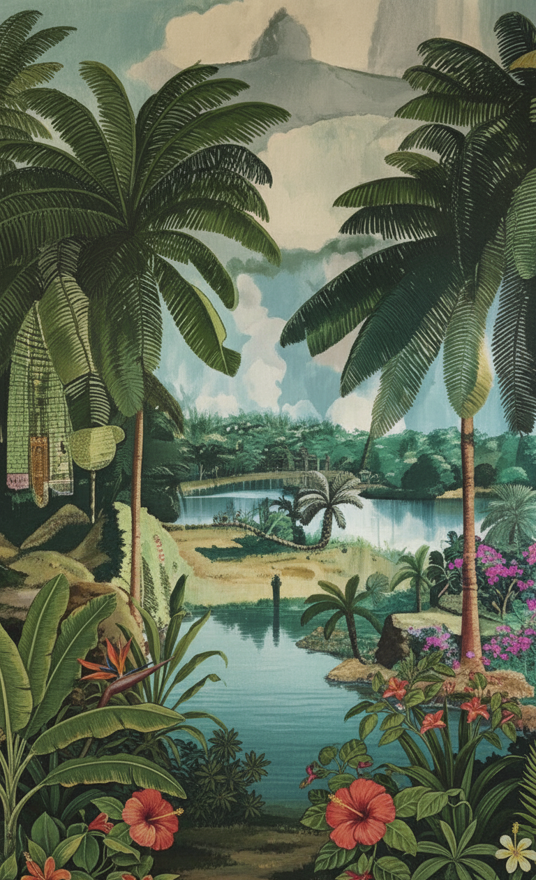 A lush tropical landscape featuring tall palm trees, vibrant flowers, and a serene body of water with a bridge in the background, under a cloudy sky.