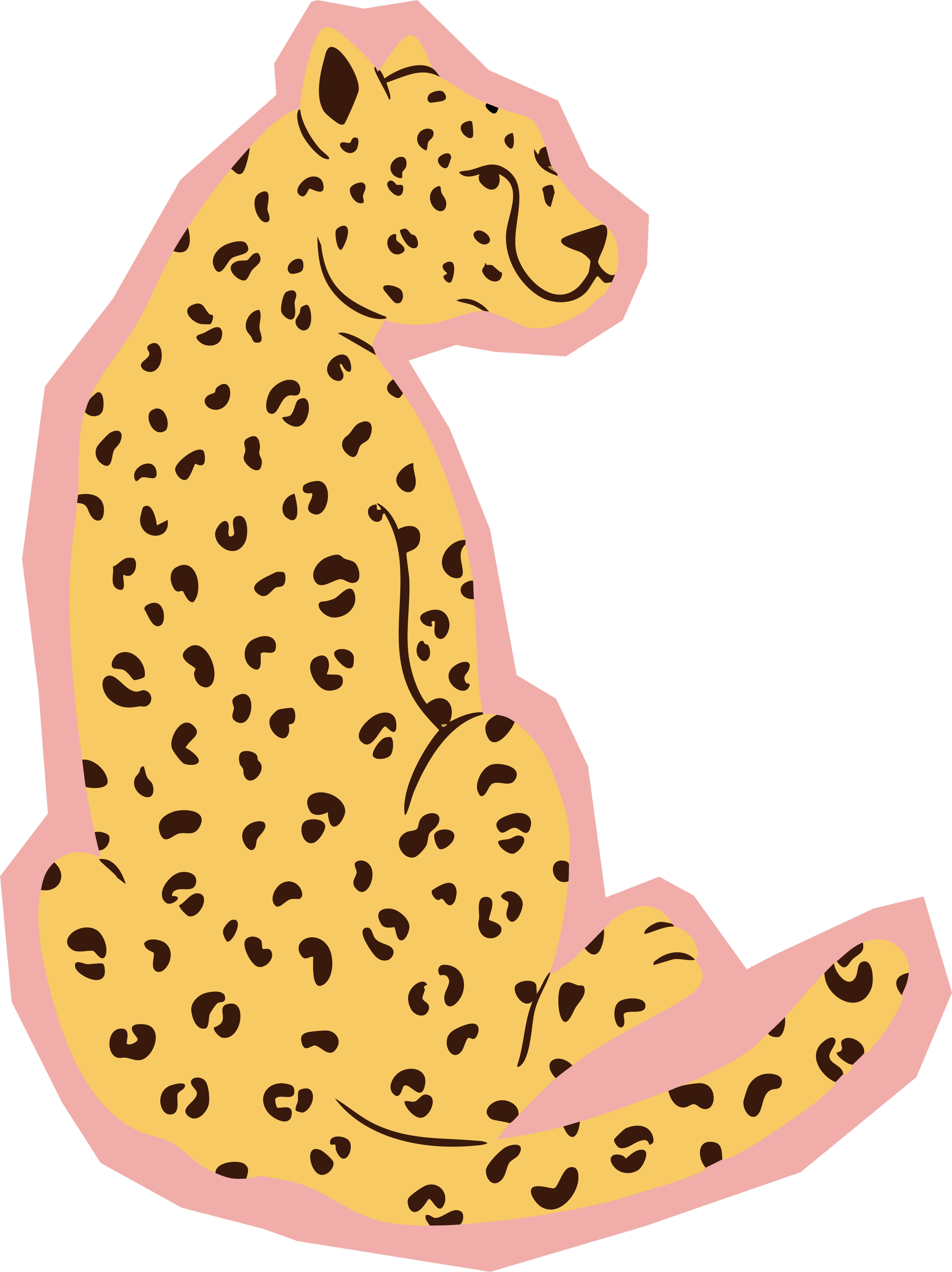 A cartoon illustration of a cheetah sitting. The cheetah has a yellow coat with black spots, a pink outline, and is in a sitting position.