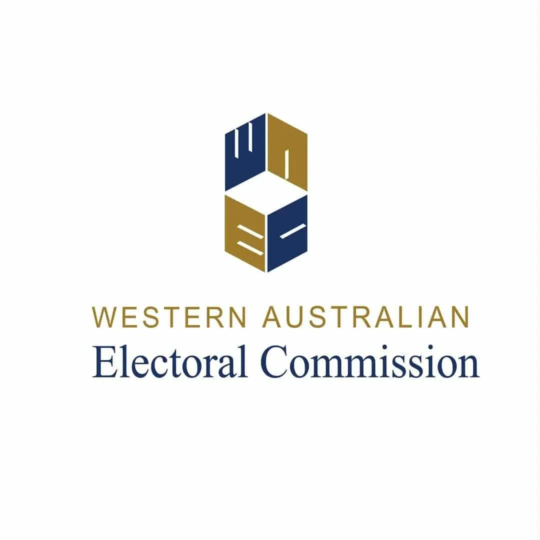 Logo of the Western Australian Electoral Commission featuring a hexagon with the letters 'W' 'A' and 'E' in a stylized 3D design, colored in navy blue and gold, with the text 'Western Australian Electoral Commission' below.