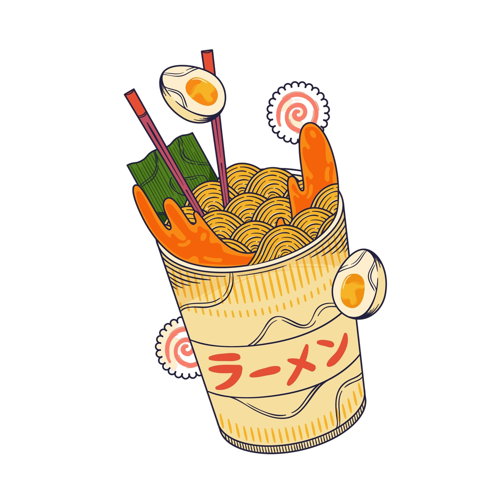 Illustration d'une tasse de ramen avec des ingrédients tels que des œufs, des bigorna, des nouilles, un rouleau de poisson, des légumes, et des baguettes, avec le mot 'ラーメン' en japonais.
