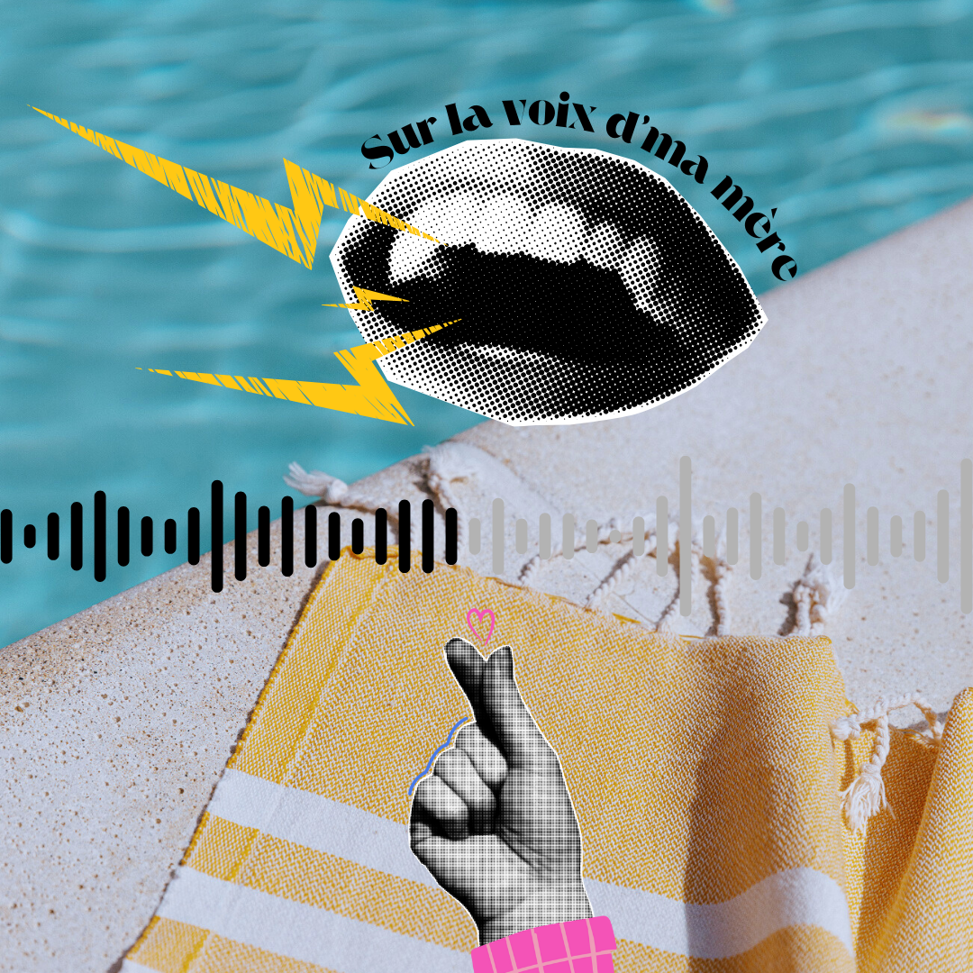 Une image composite avec une baignoire d'eau turquoise, un tissu jaune et blanc, des éléments graphiques comme une bouche en noir et blanc avec la phrase 'Sur la voix d'ina mère', une main en style pixelisé faisant un geste de cœur avec un petit cœur rose, et une ligne de code audio en dessous.