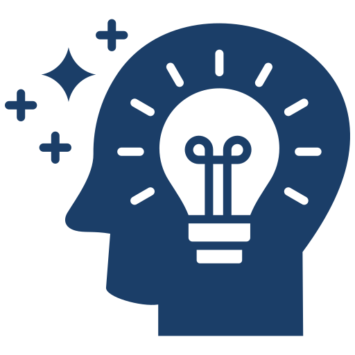 Illustration of a human head with a light bulb inside, representing ideas or creativity, and sparkles around it.