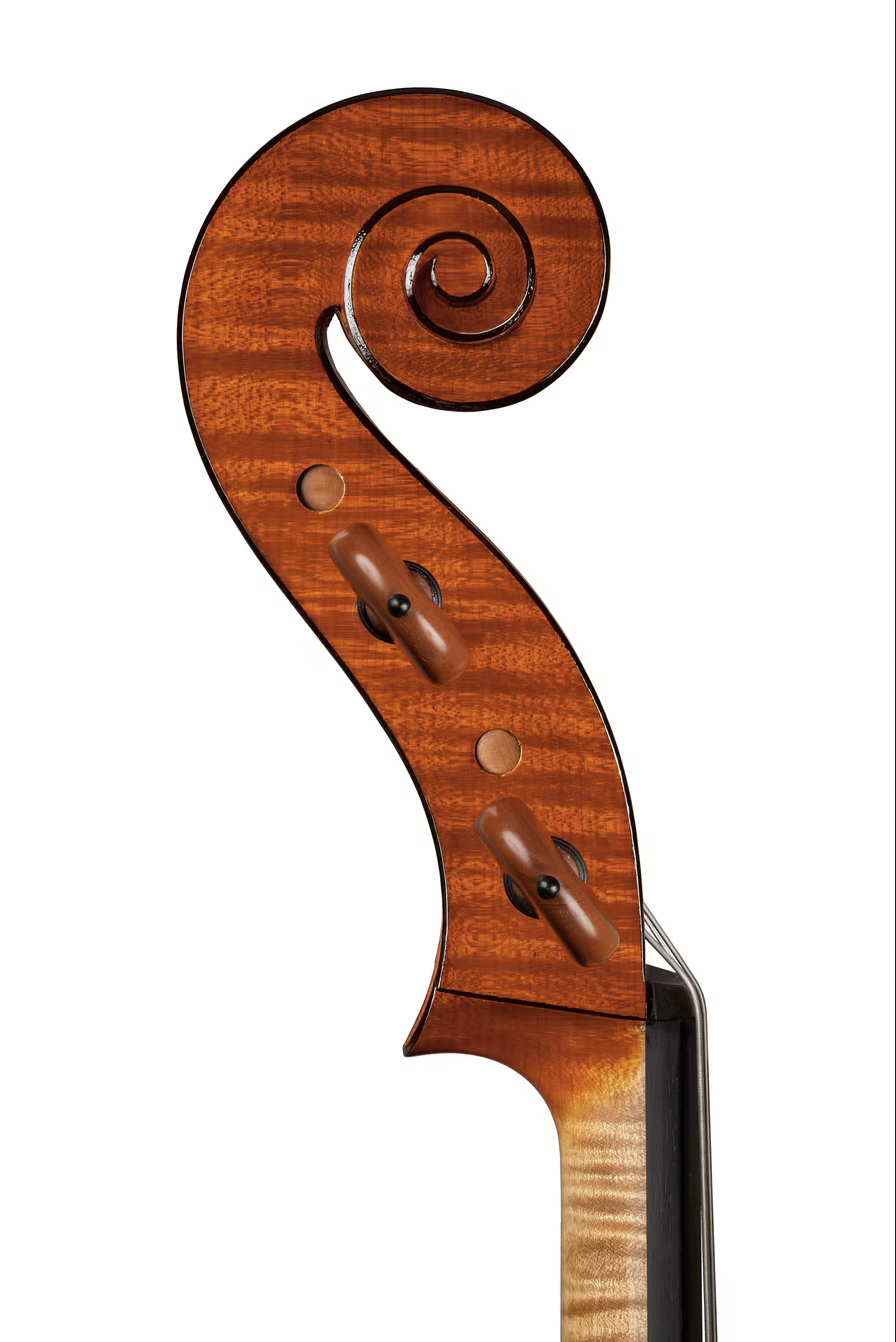 Scroll of the 2020 Stradivari Duport-model cello by Marco Osio