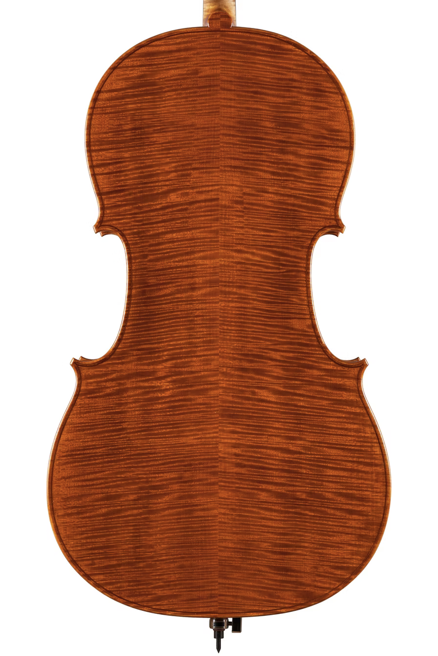 Back view of the 2020 Stradivari Duport-model cello by Marco Osio