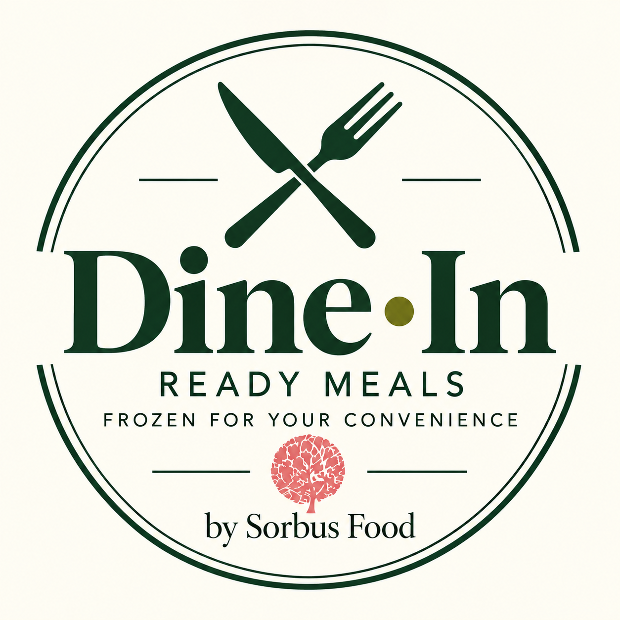 Logo for Dine-In Ready Meals by Sorbus Food, featuring a circular design with a fork and knife crossed above the text, and a small tree in pink below, with the tagline 'Frozen for your convenience'.
