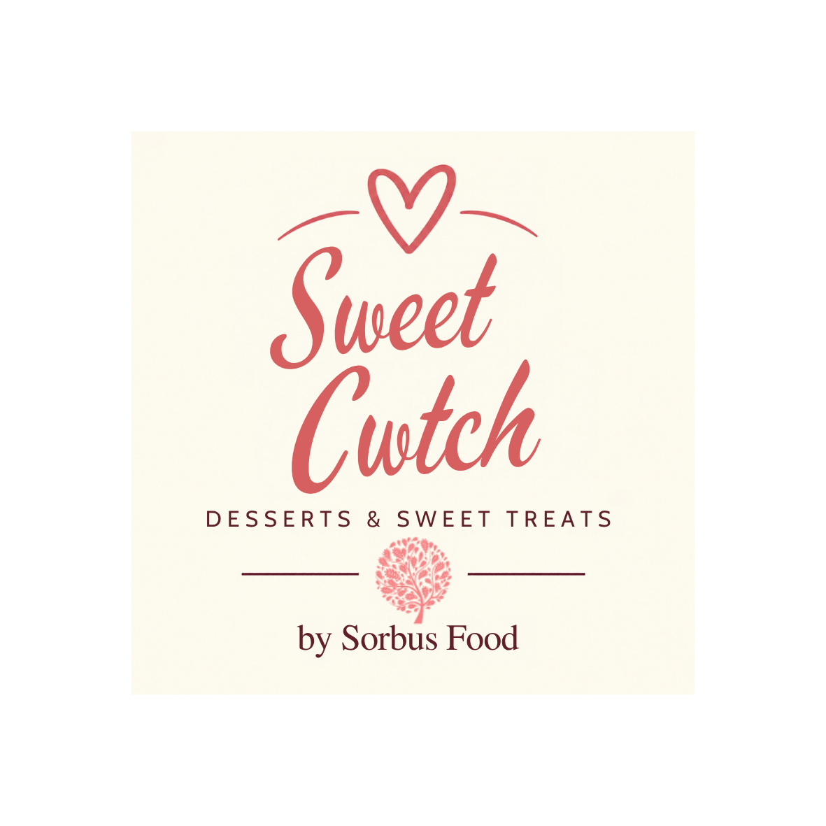 A logo for 'Sweet Cwotch', a dessert and sweet treats shop by Sorbus Food, featuring a pink heart and tree icon with elegant cursive and serif fonts on a light background.