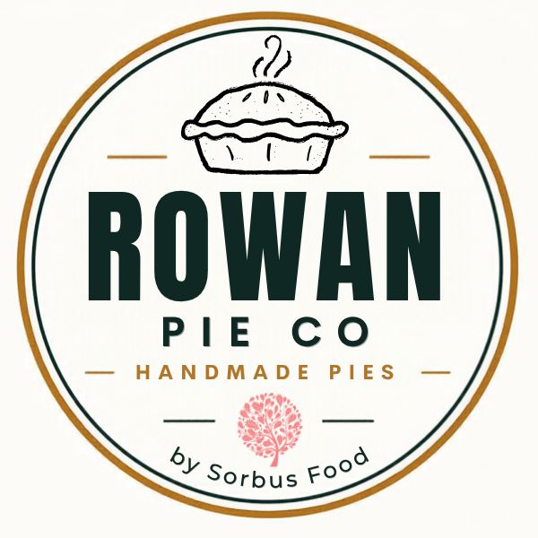Logo for Rowan Pie Co featuring a steaming pie illustration, with text indicating handmade pies by Sorbus Food