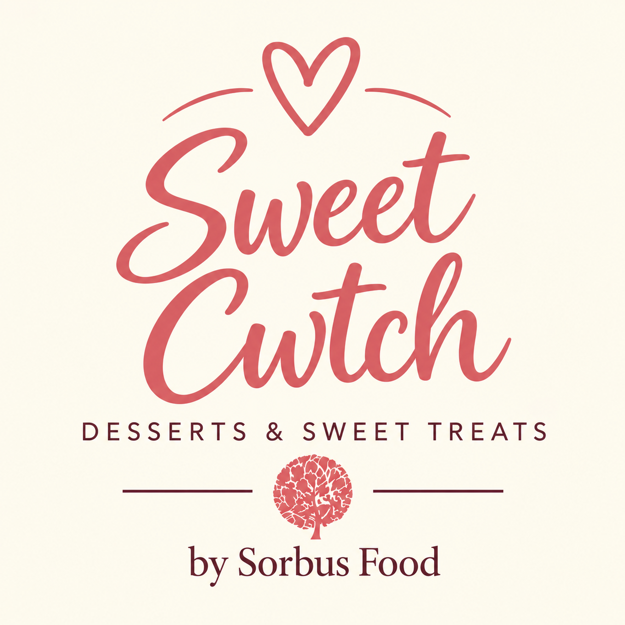 A promotional card for a dessert shop called Sweet Cutch, featuring the subtitle 'Desserts & Sweet Treats,' and a small logo of a tree with a floral pattern inside, by Sorbus Food.