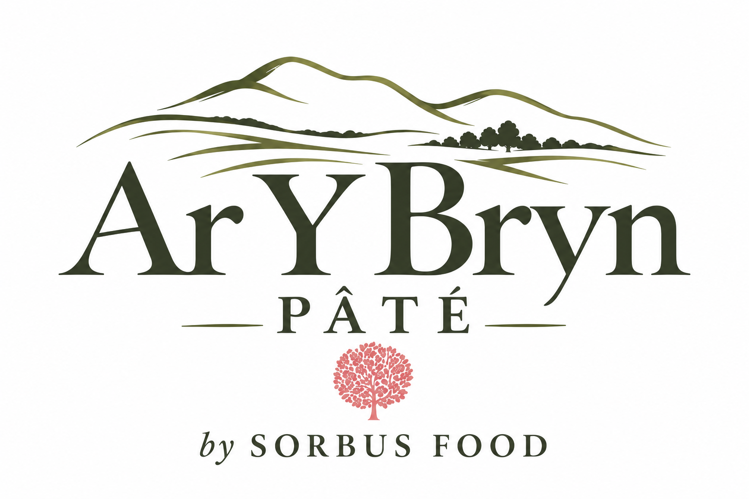 Logo with mountain and tree illustration, words 'ArYBryn pâté' and 'by Sorbus Food', pink tree icon.