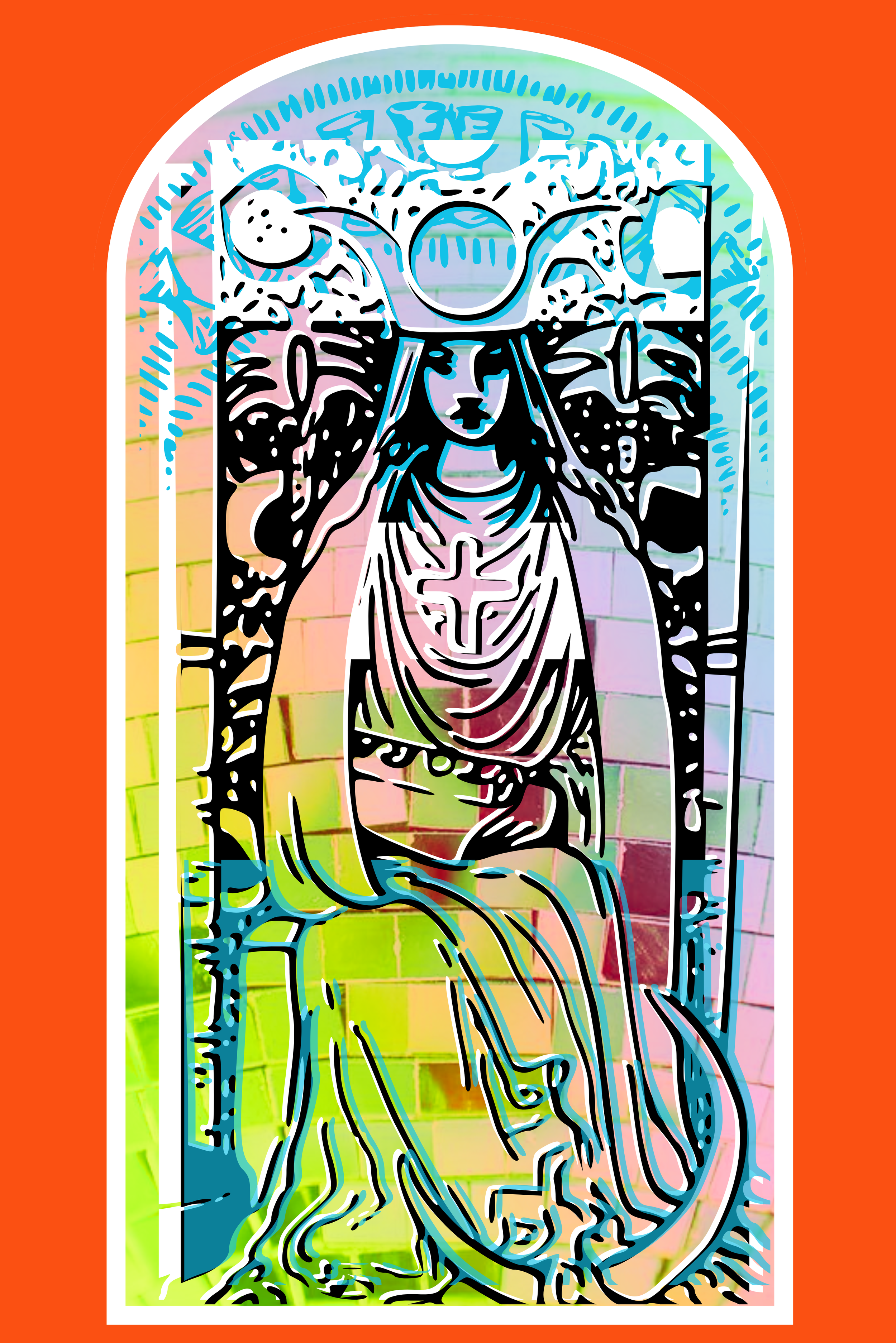 Colorful stained glass-style artwork depicting a woman with a crown surrounded by plants and a snake.