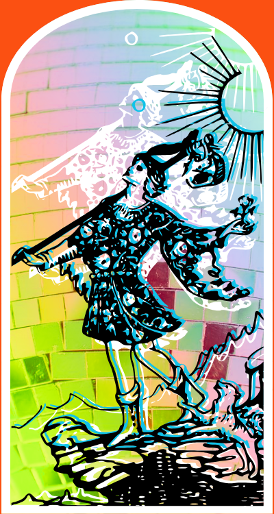 A colorful, stylized illustration of a person with wings, holding a sword and standing on a rocky surface with a dog at their feet. The background features a rainbow gradient with brick patterns and a large sun with rays in the top right.